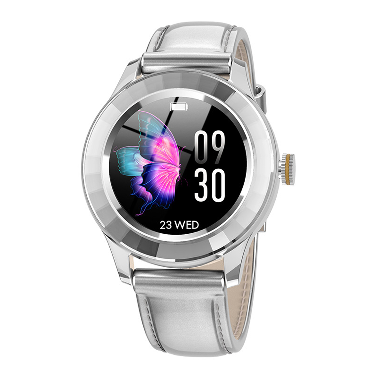 Smartwatch mit silbernem Gehäuse und Armband. Das Zifferblatt hat ein Schmetterlingsdesign und zeigt die Uhrzeit.