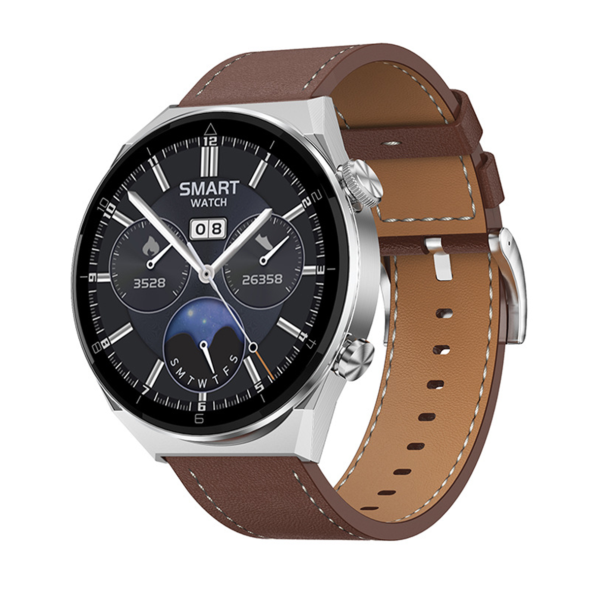 Smartwatch mit braunem Lederarmband und silbernem Rahmen. Das Zifferblatt ist schwarz.