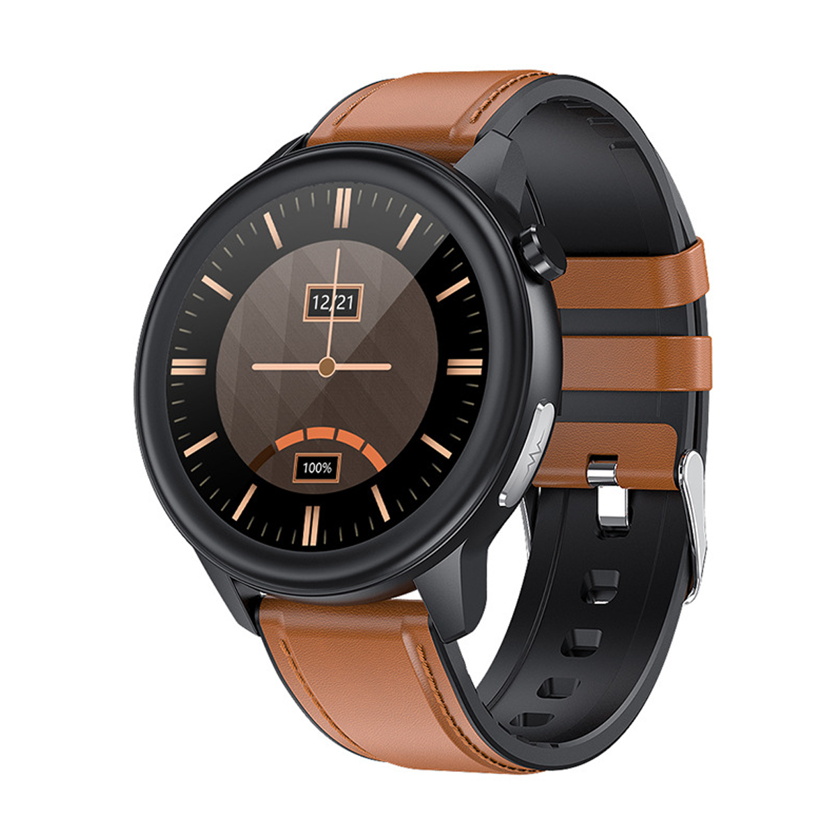 Schwarze Smartwatch mit braunem Lederarmband, zeigt Datum und 100% Ladung an.