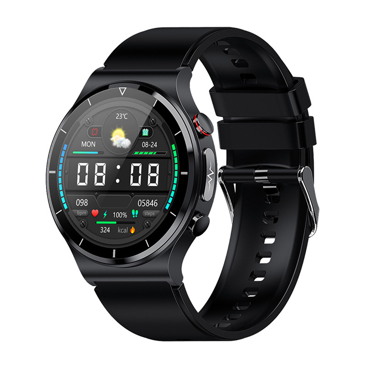 Schwarze Smartwatch mit digitaler Anzeige, die Zeit und Gesundheitsdaten anzeigt.