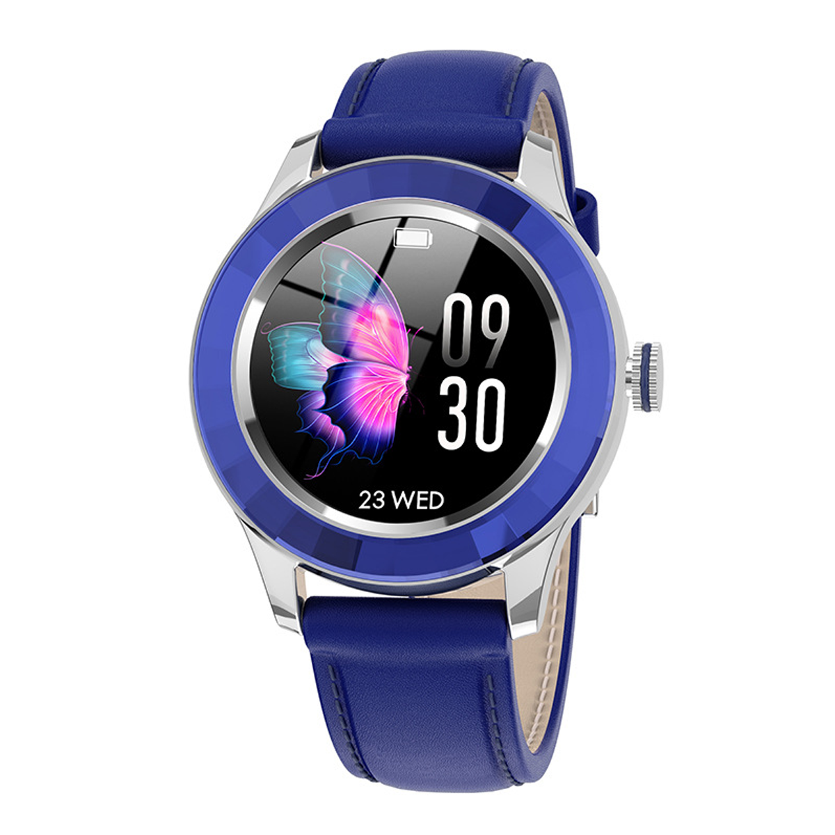 Smartwatch mit blauem Rahmen, Schmetterlingsanzeige und blauem Lederarmband. Weißer Hintergrund.