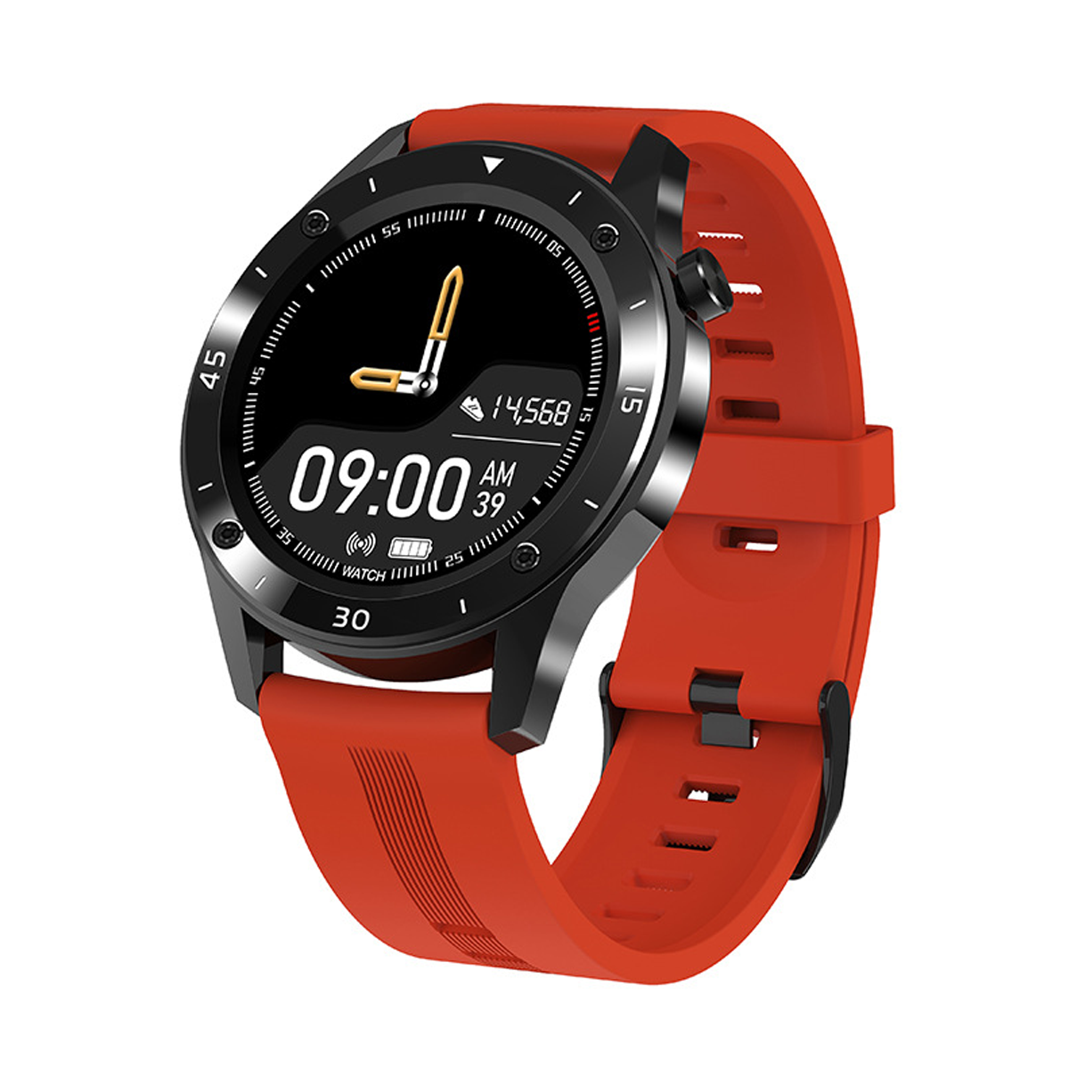 Eine rote Smartwatch mit einem schwarz-roten Bildschirm zeigt die Zeit und Aktivitätsmetriken an.