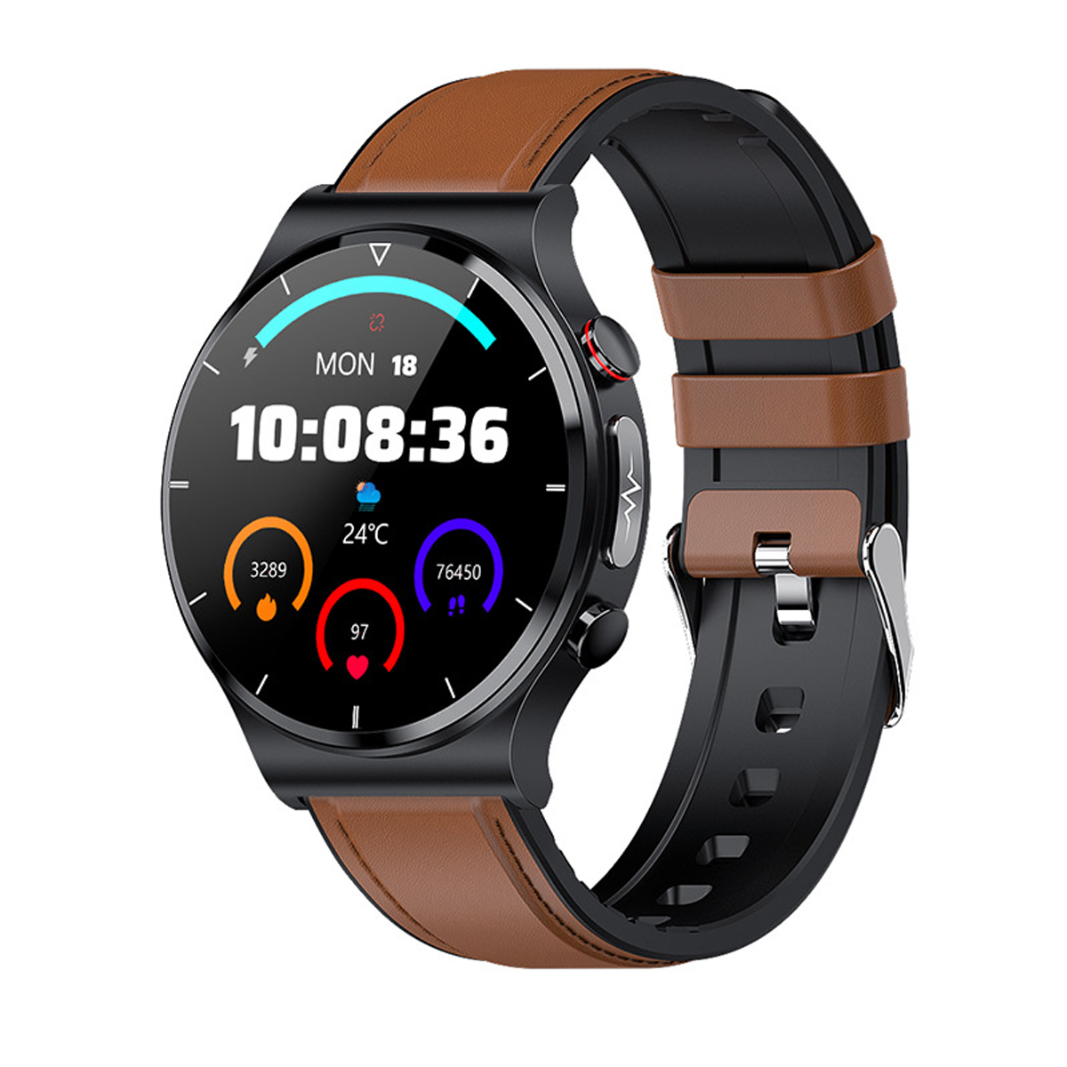 Schwarze Smartwatch mit braunem Lederarmband. Das Display zeigt Zeit, Temperatur und Schritte. Hat einen roten Knopf.