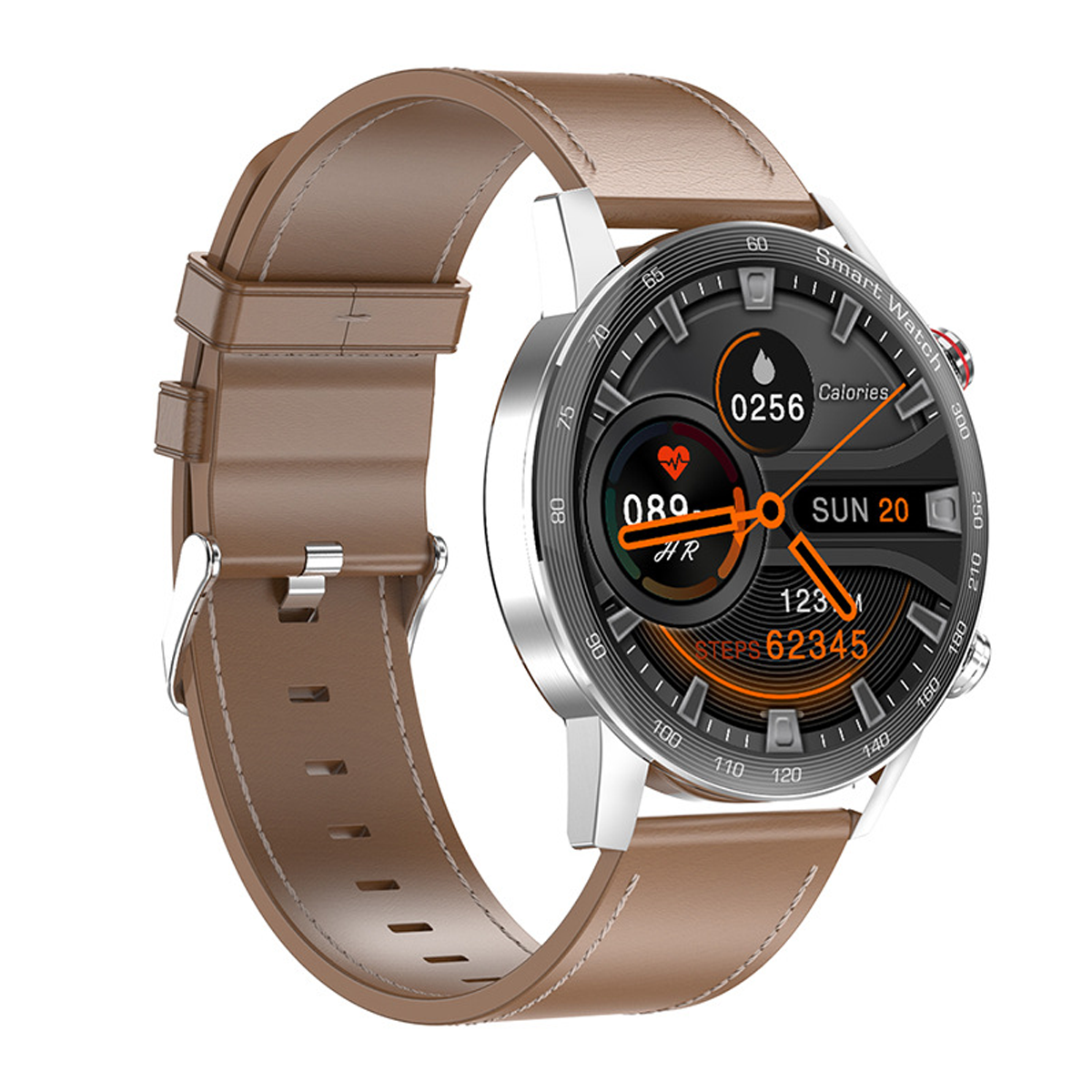 Smartwatch mit braunem Lederarmband, rundem Zifferblatt, zeigt Schritte, Kalorien, Herzfrequenz.