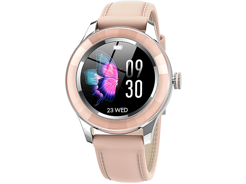 BRIGHTAKE Smartwatch Leder, Wasserdicht IP67 Smartwatch Gesundheitsarmband Display Rundes Rosa Frauen