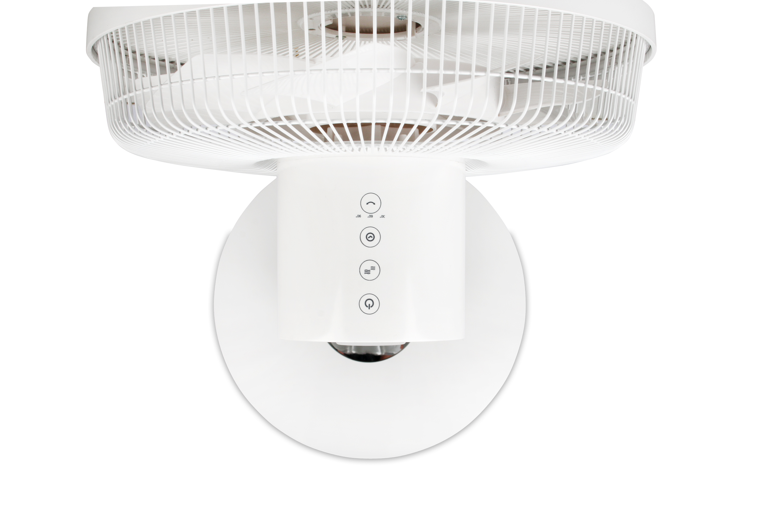 Weißer Deckenventilator mit weißem Sockel und kreisförmigem Design. Mit Bedienelementen an der Unterseite.