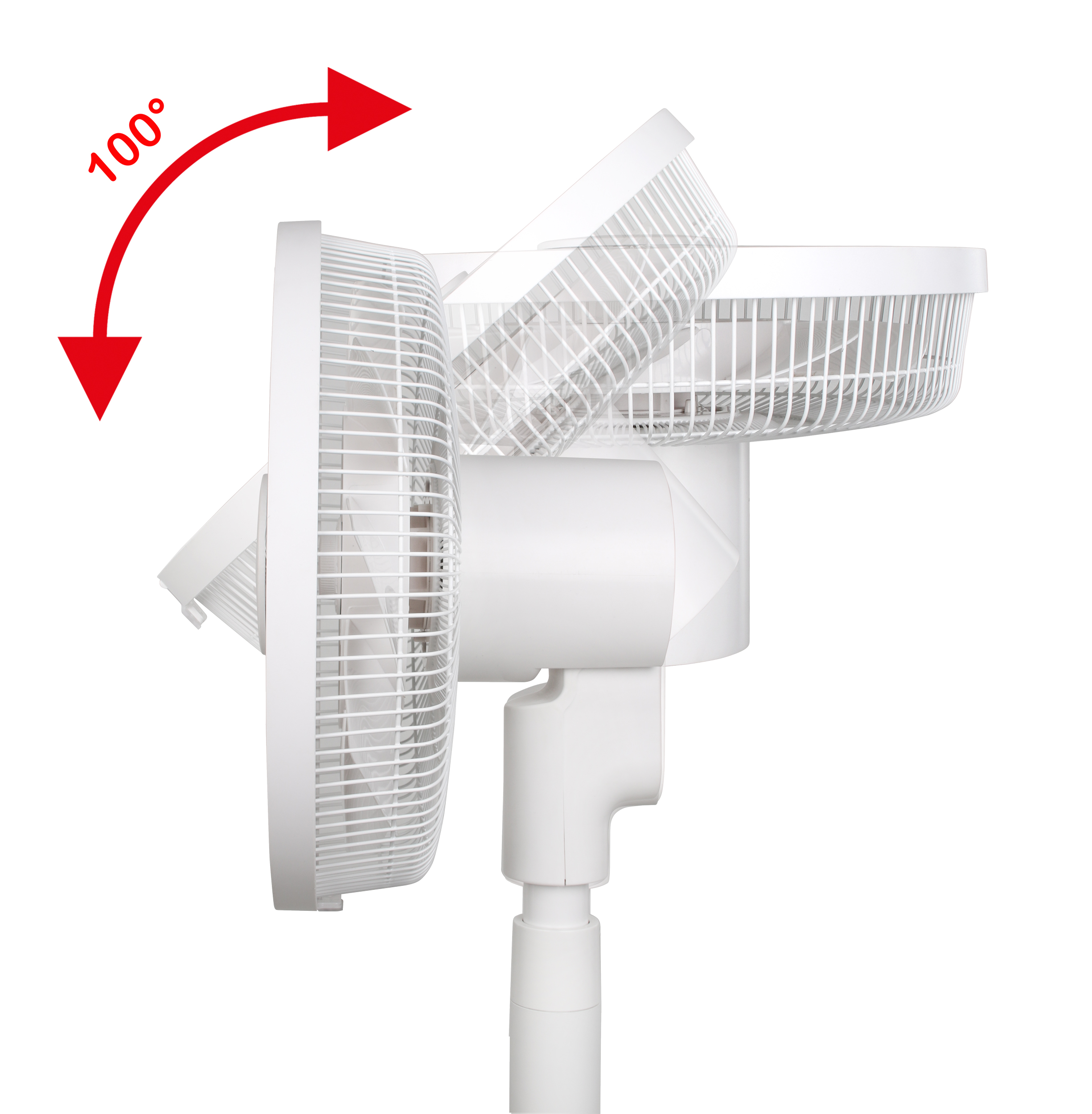 Weißer Ventilator mit rotem Pfeil, der eine Drehung von 100 Grad anzeigt. Der Ventilator ist abgewinkelt und verstellbar.