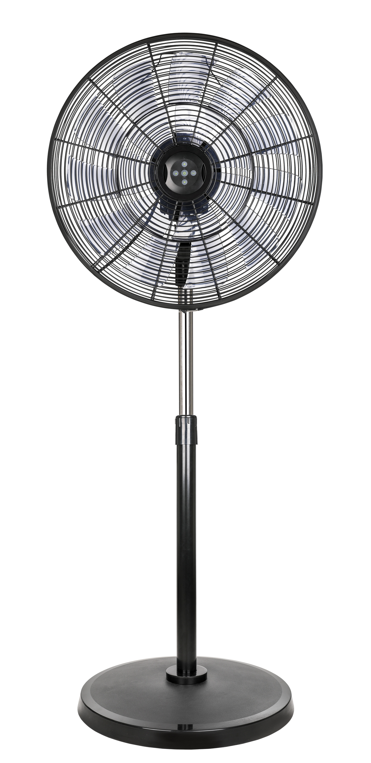 Ein schwarzer Standventilator auf weißem Hintergrund. Er hat ein kreisförmiges Gitter und einen schwarzen Sockel.