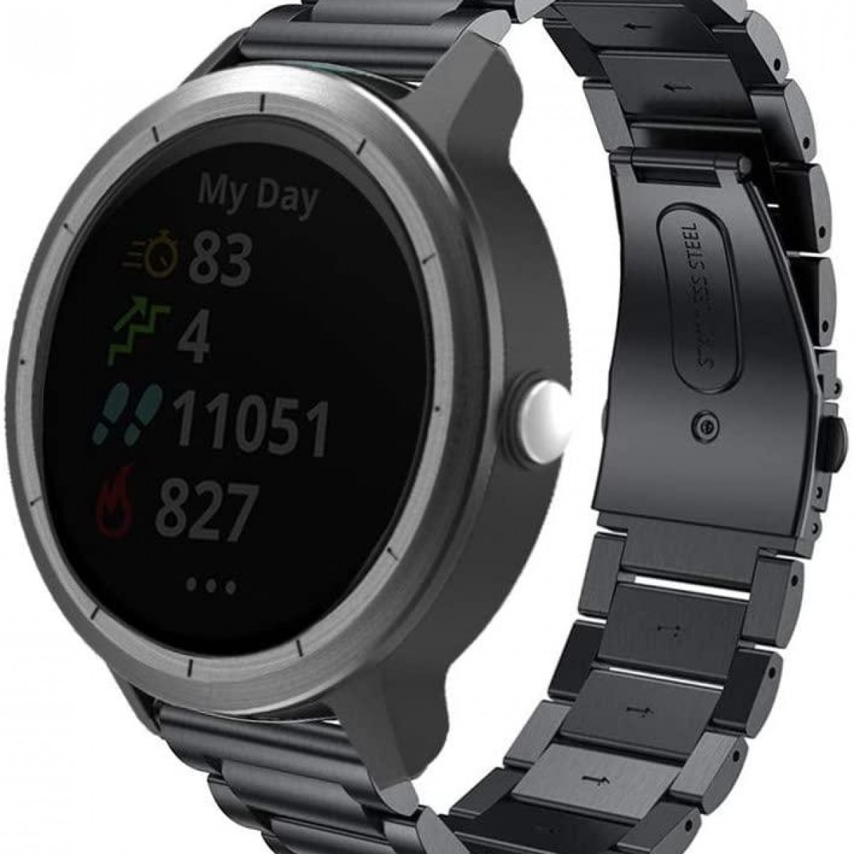 Czarny smartwatch pokazujący czas i dane aktywności. Dołączony jest metalowy pasek.