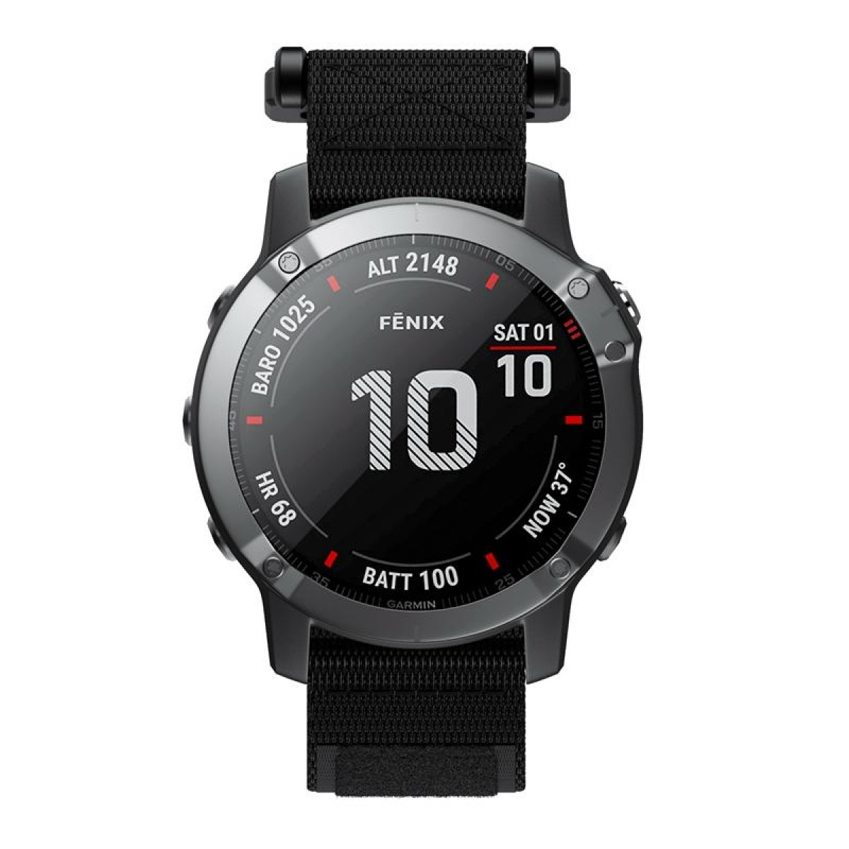 Czarny zegarek Garmin Fenix z czarnym paskiem. Ekran wyświetla czas, datę i metryki.