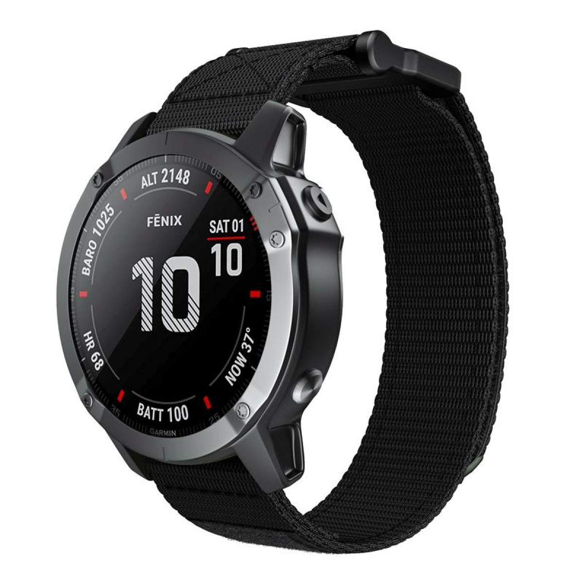 Czarny smartwatch z okrągłą tarczą i czarnym paskiem, wyświetlający dane. Marka Garmin.