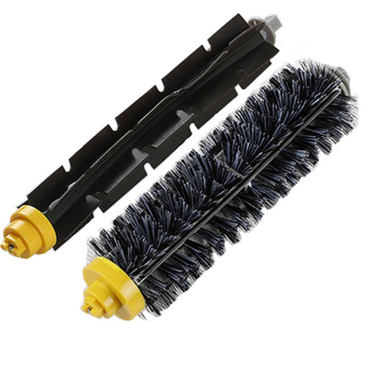 Dwie czarne szczotki do robota sprzątającego. Jedna jest pełna, druga ma włosie.