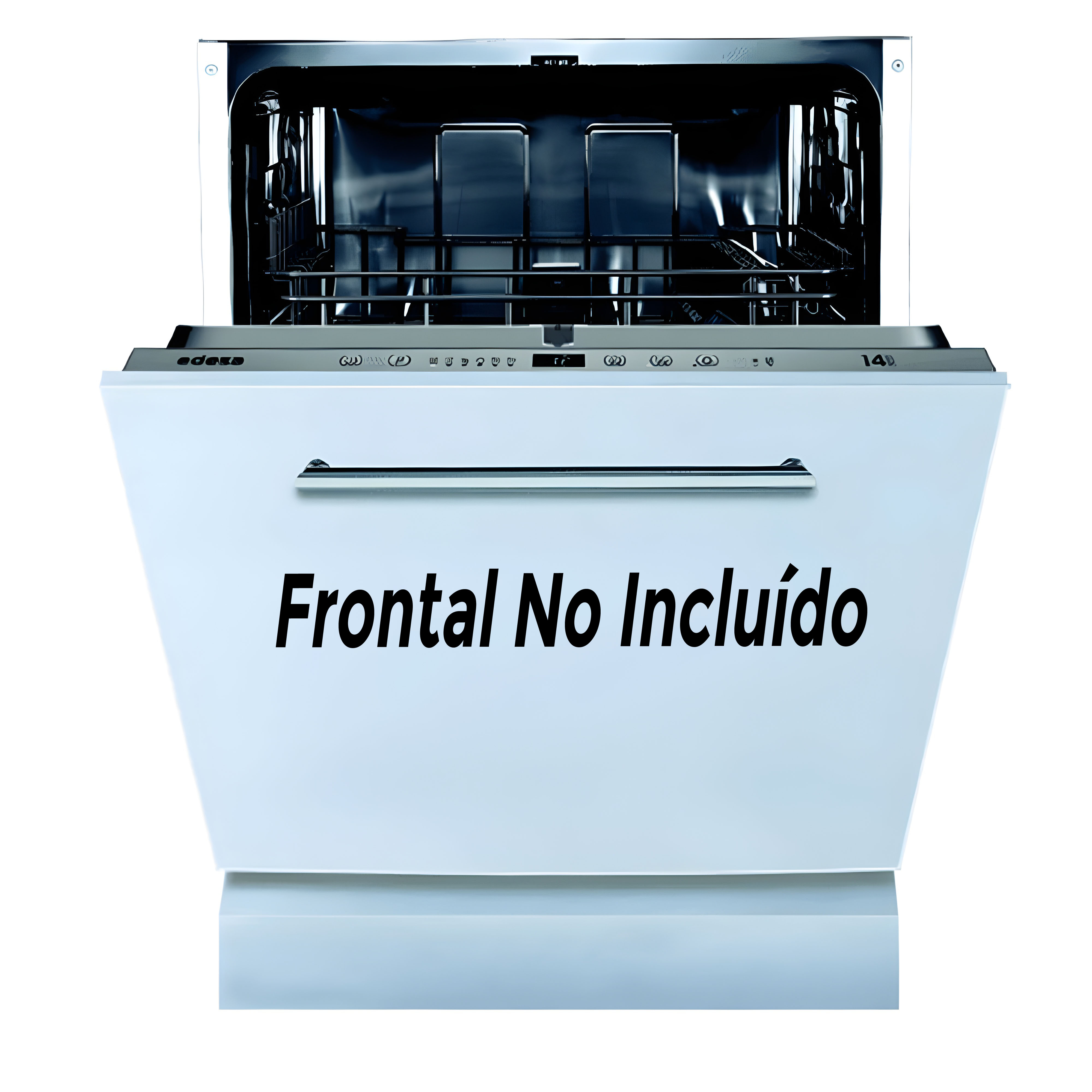 Un lavavajillas blanco con la puerta abierta. El texto 'Frontal No Incluido' es visible.