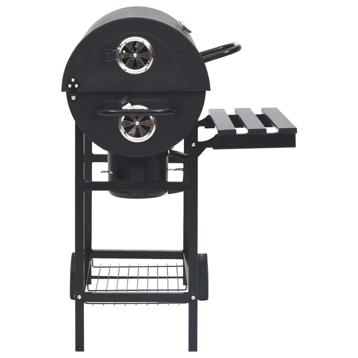 Schwarzer Grill mit Seitenablage und unterem Gitter.