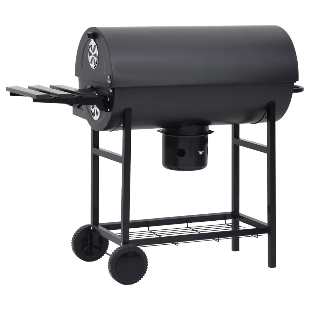 Ein schwarzer Grill auf einem Metallständer. Der Grill hat einen Deckel und eine Seitenablage.