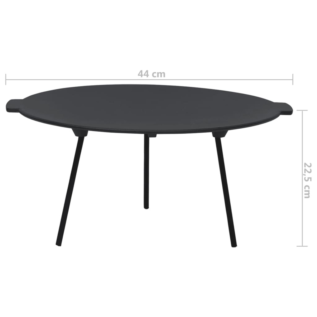 Ein schwarzer Tisch mit drei Beinen. Die Abmessungen sind mit 44 cm x 22,5 cm angegeben.