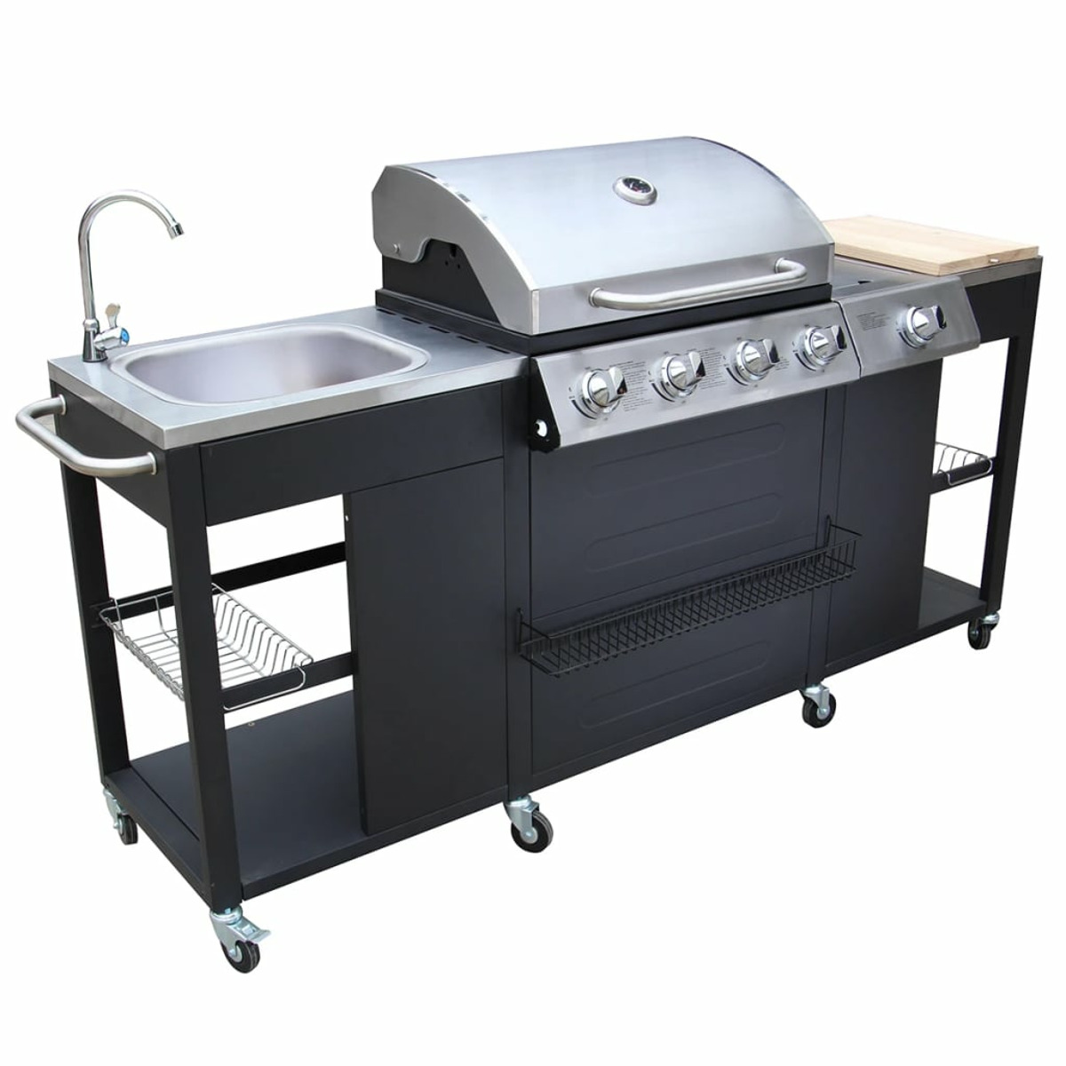 Cucina esterna nera con lavello in acciaio inox, grill e ripostiglio, con ruote per la mobilità.