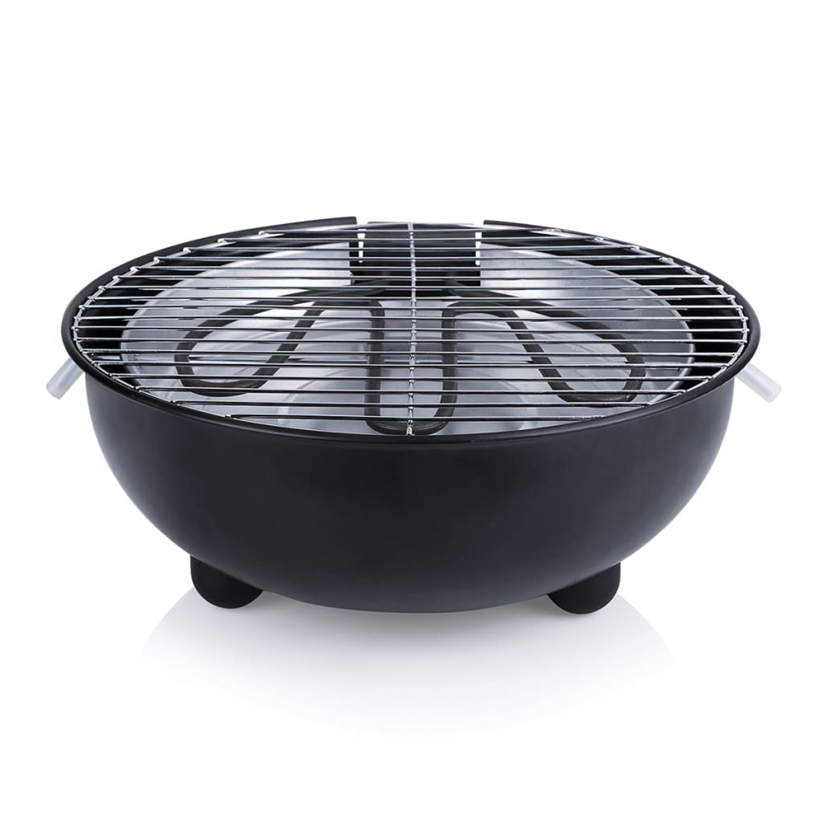 Griglia elettrica nera con griglia, forma rotonda, su sfondo bianco.