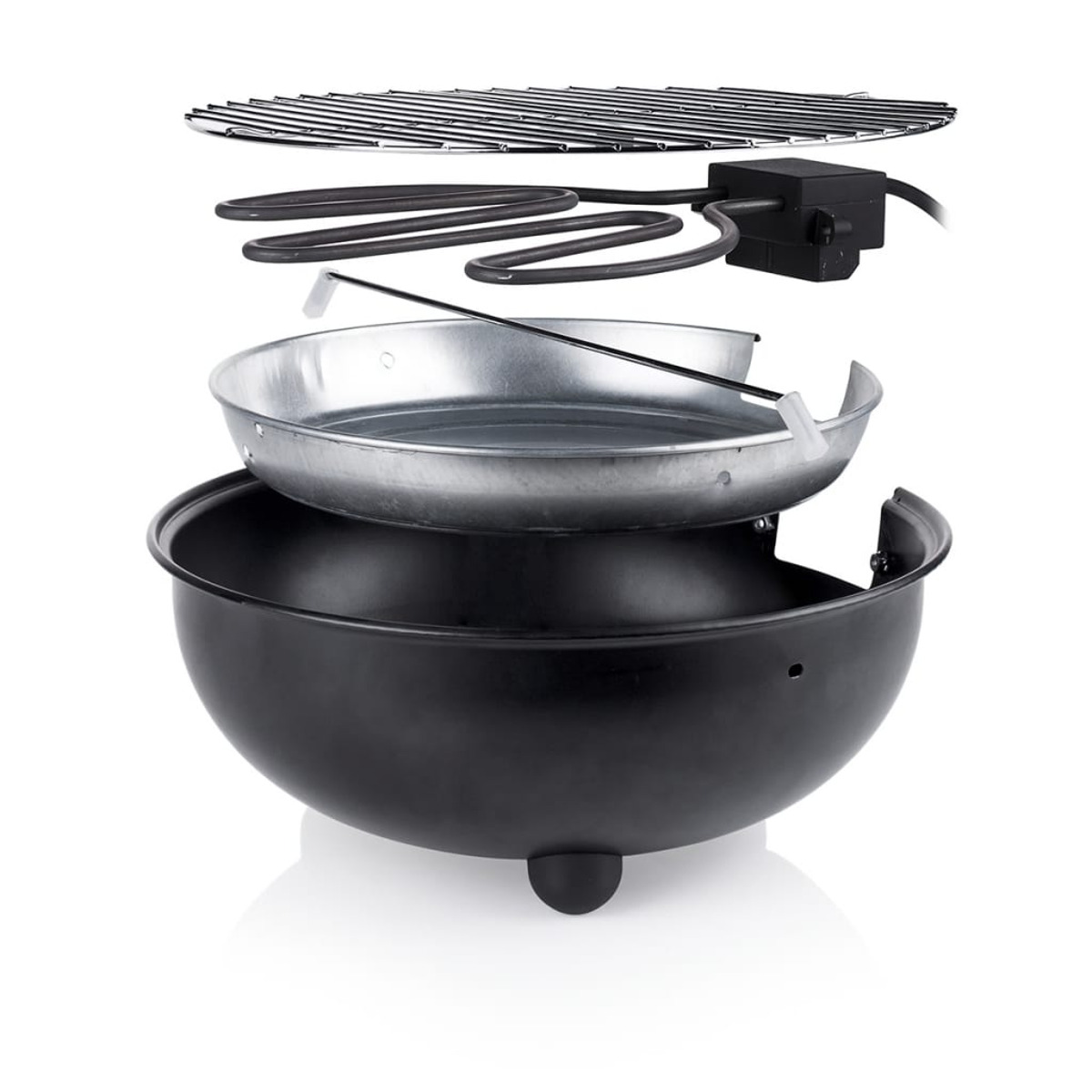 Un grill smontato che mostra la griglia, l'elemento riscaldante e la base. Tutti i pezzi sono neri.