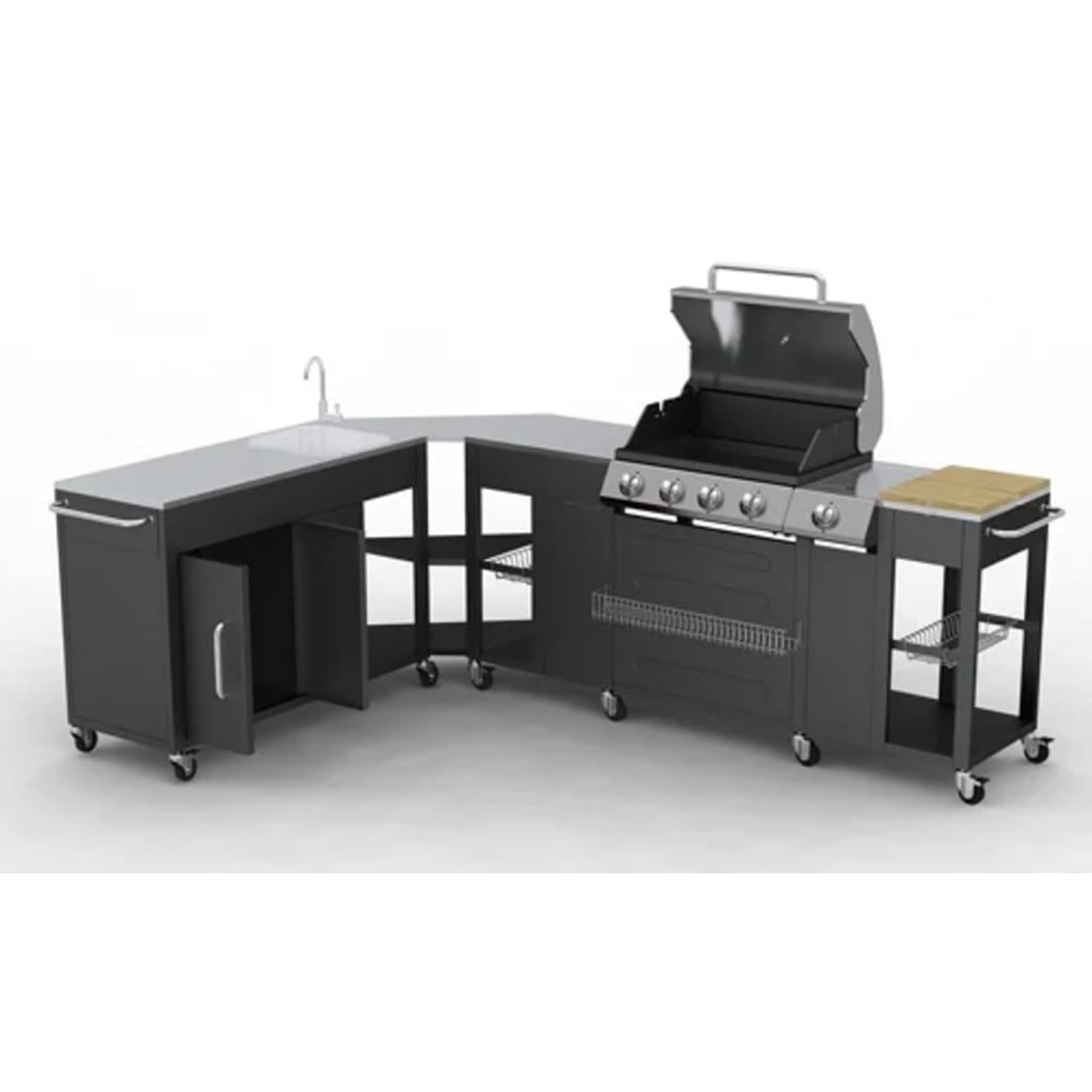 Set cucina esterna nero. Include lavello, armadi, grill e tagliere in legno.