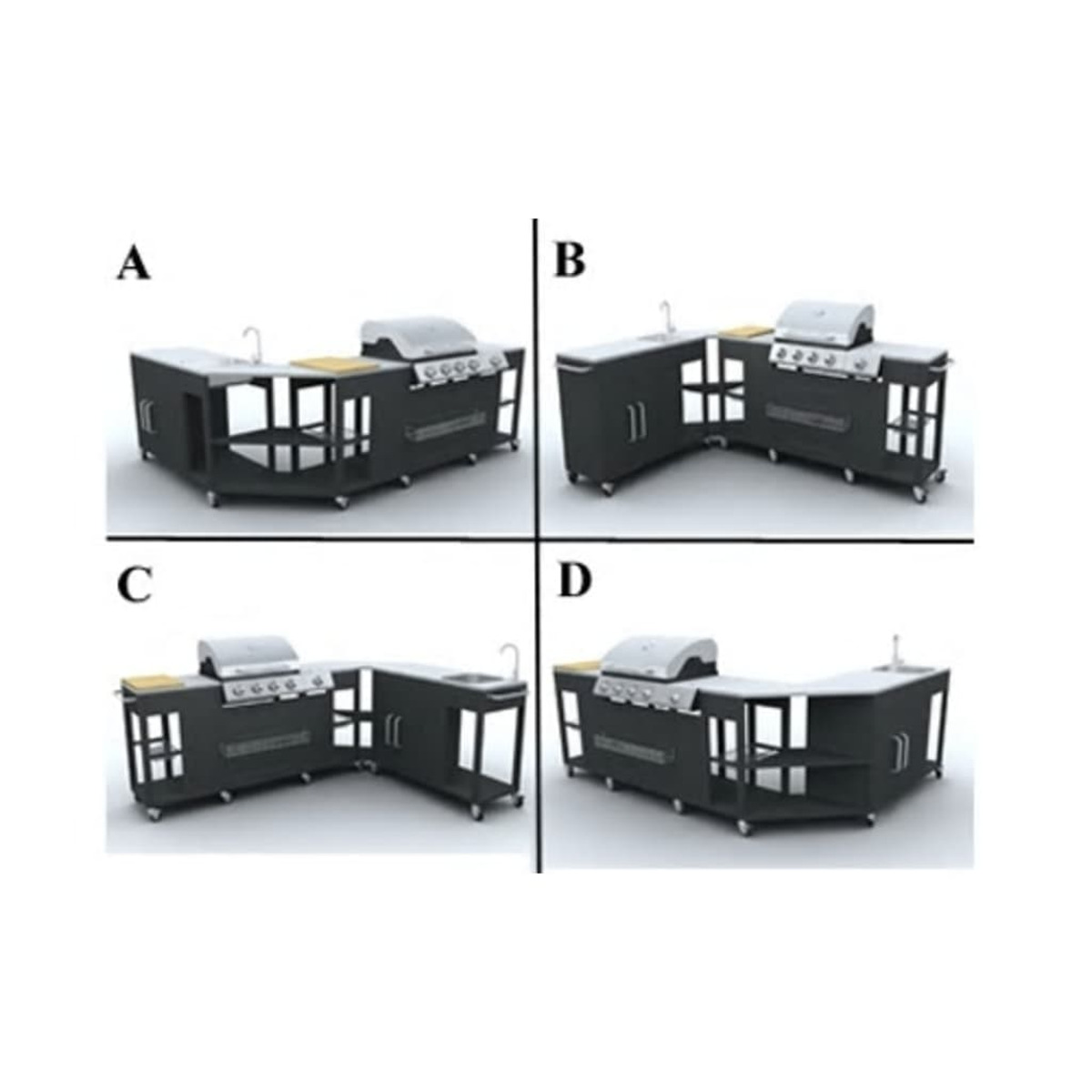 Quattro configurazioni di cucine all'aperto, ciascuna con una griglia e altre caratteristiche, disposte in diversi layout.