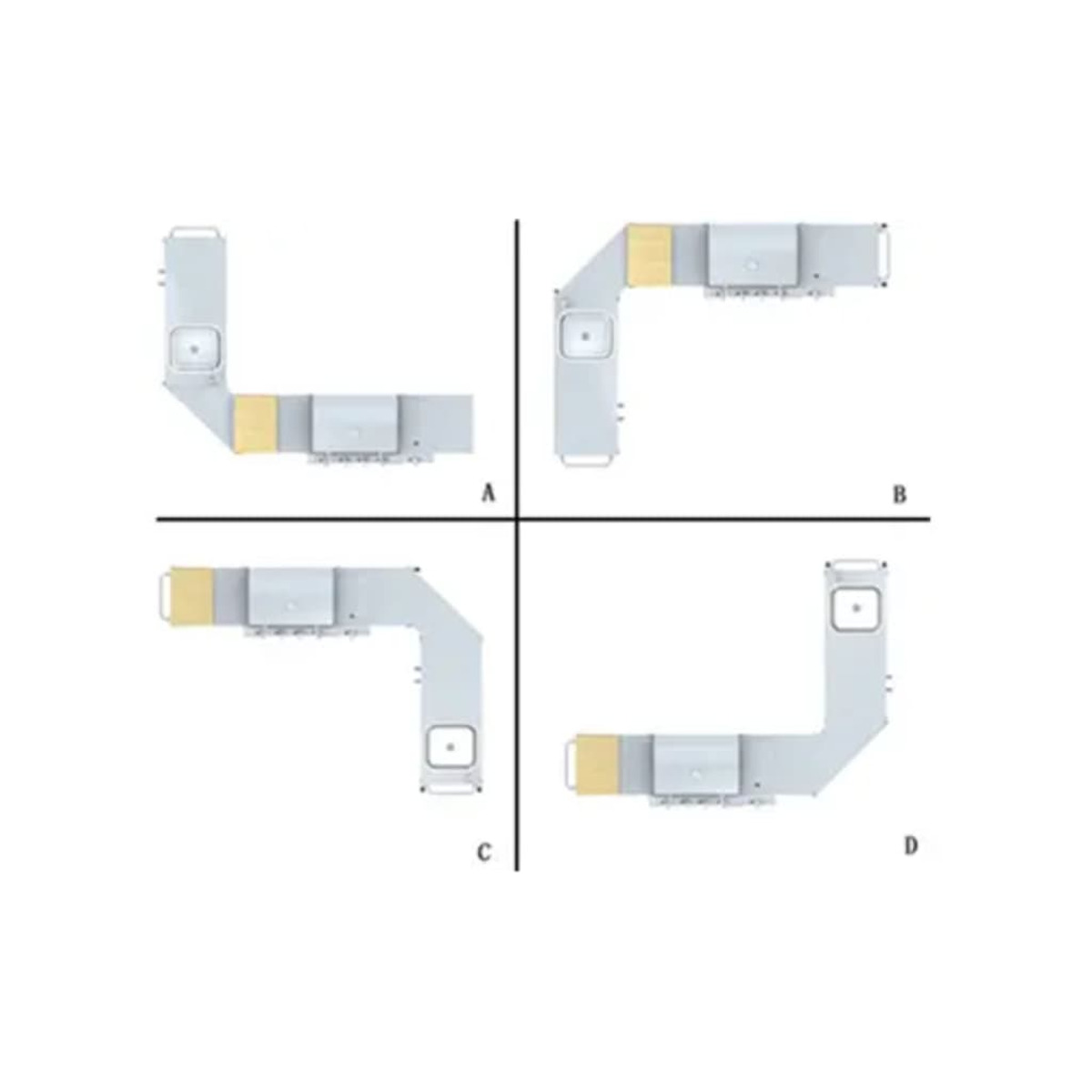 Quattro opzioni di layout per mobili da cucina. Ogni opzione è un design a L diverso.