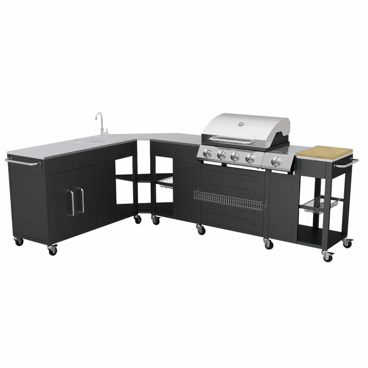 Cucina all'aperto con lavandino, grill e ripostiglio, tutto nero. Un tagliere si trova sul lato destro.