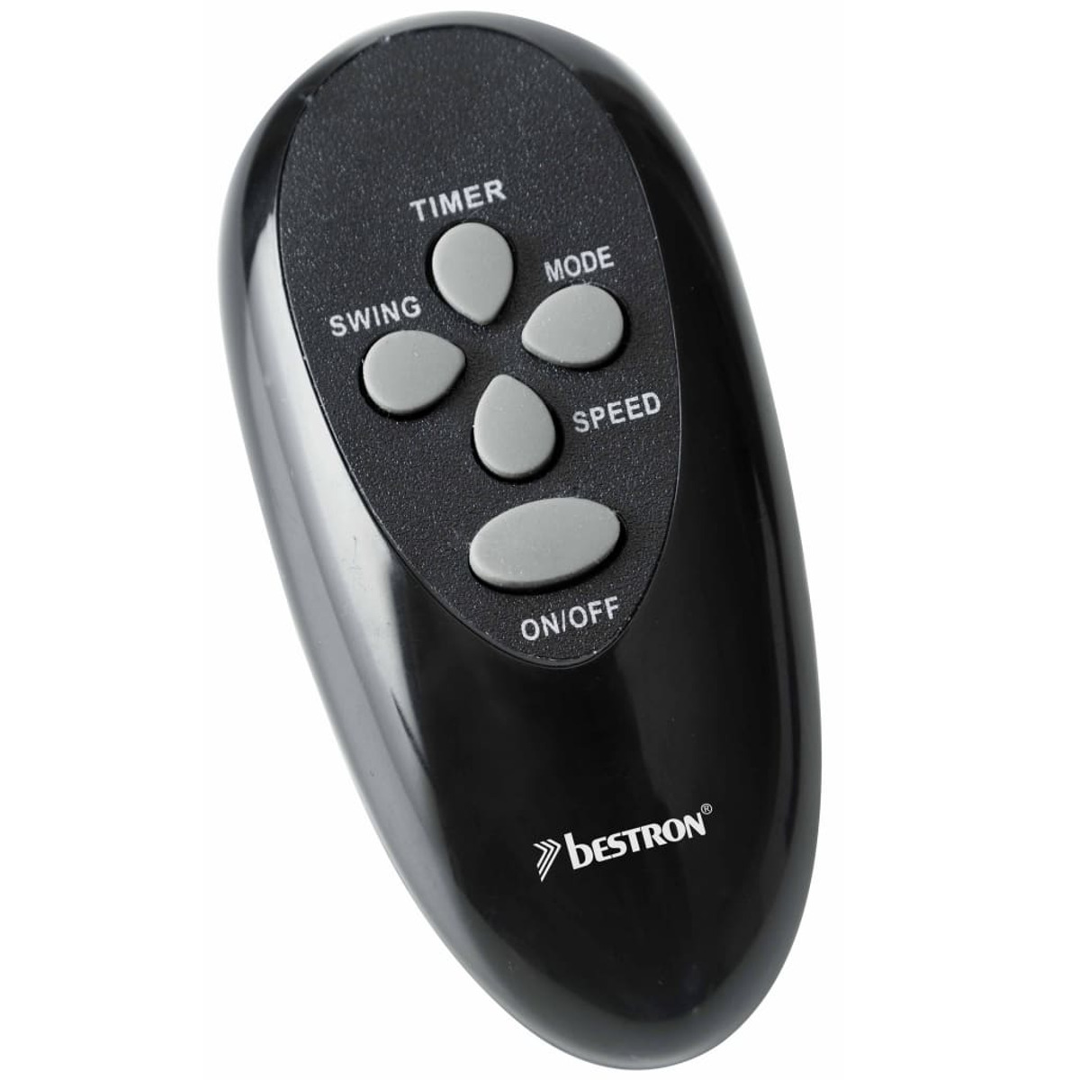 Telecomando nero con pulsanti: Timer, Mode, Swing, Speed, On/Off.