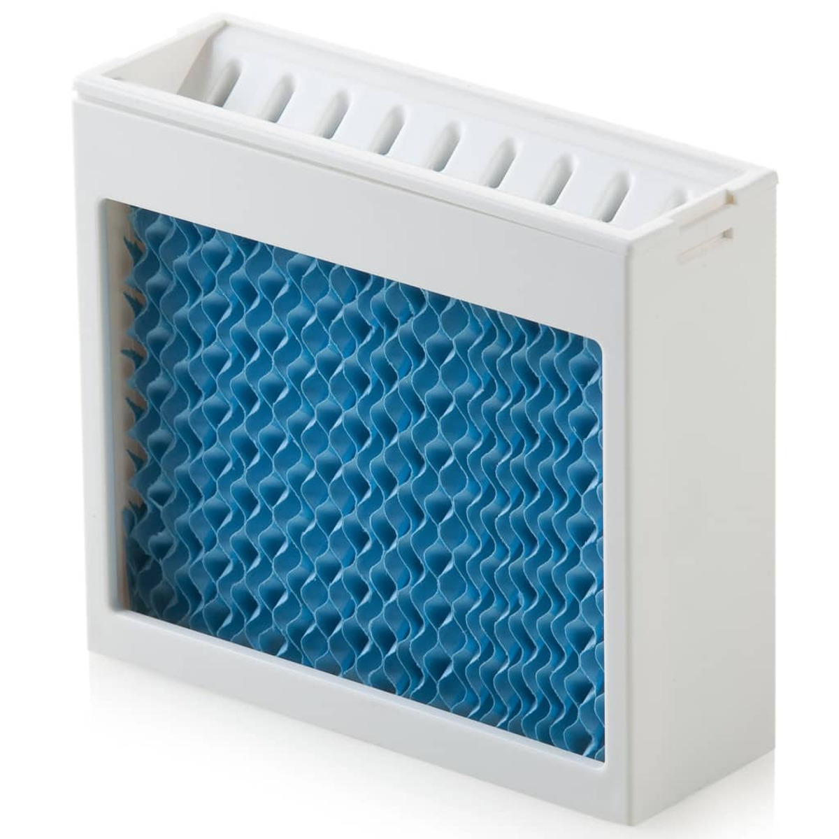 Weißer Rahmen mit blauem, wellenförmigem Filter. Es ist ein Kühlfilter für die Klimaanlage.