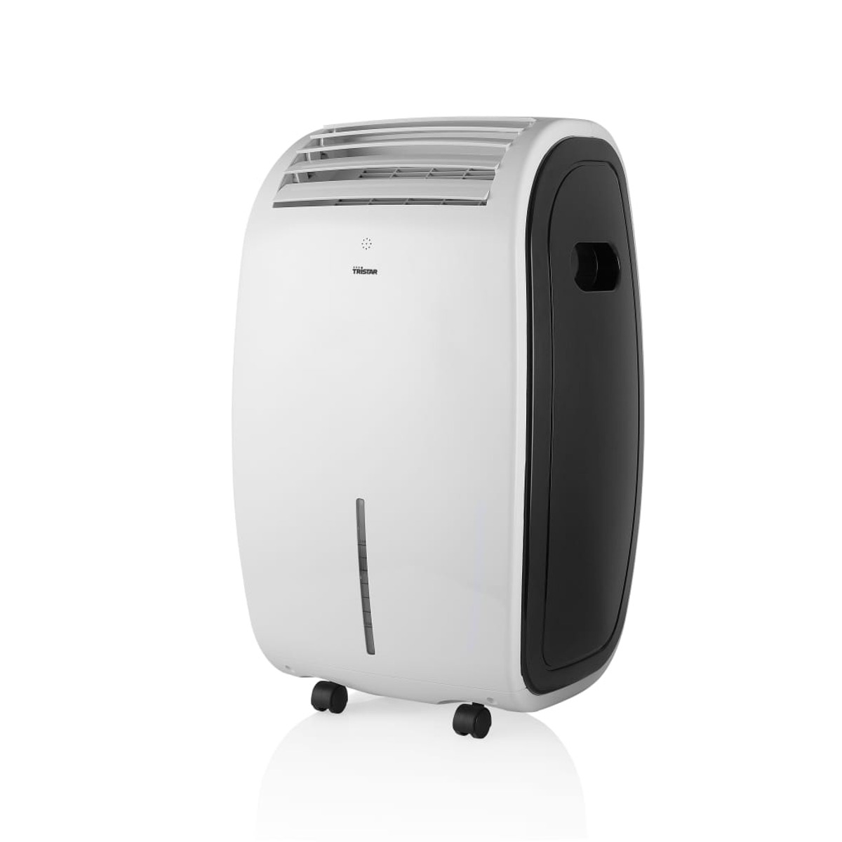 Deumidificatore bianco e nero su sfondo bianco. Ha un pannello di controllo e ruote.