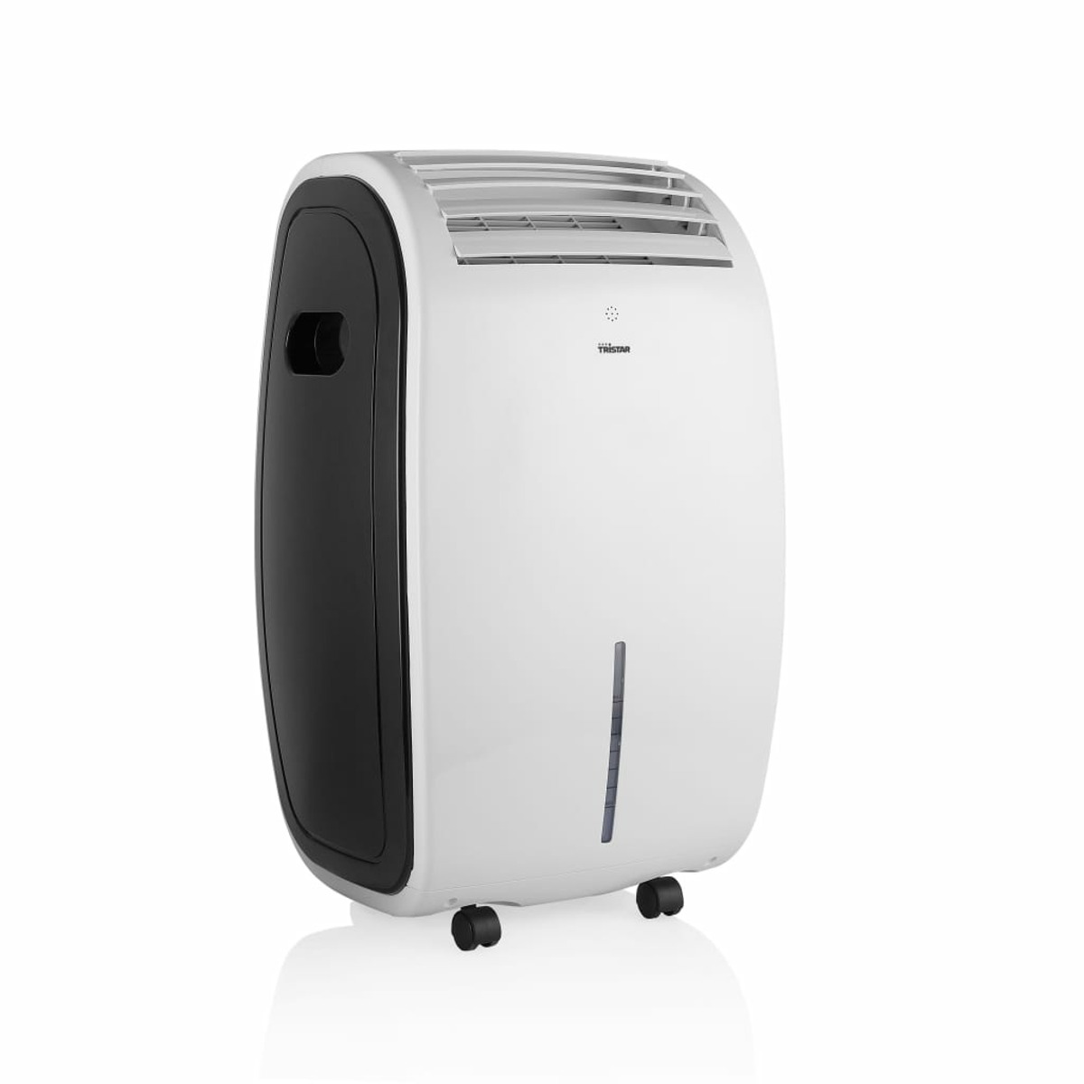 Deumidificatore bianco e nero su ruote, con display digitale.