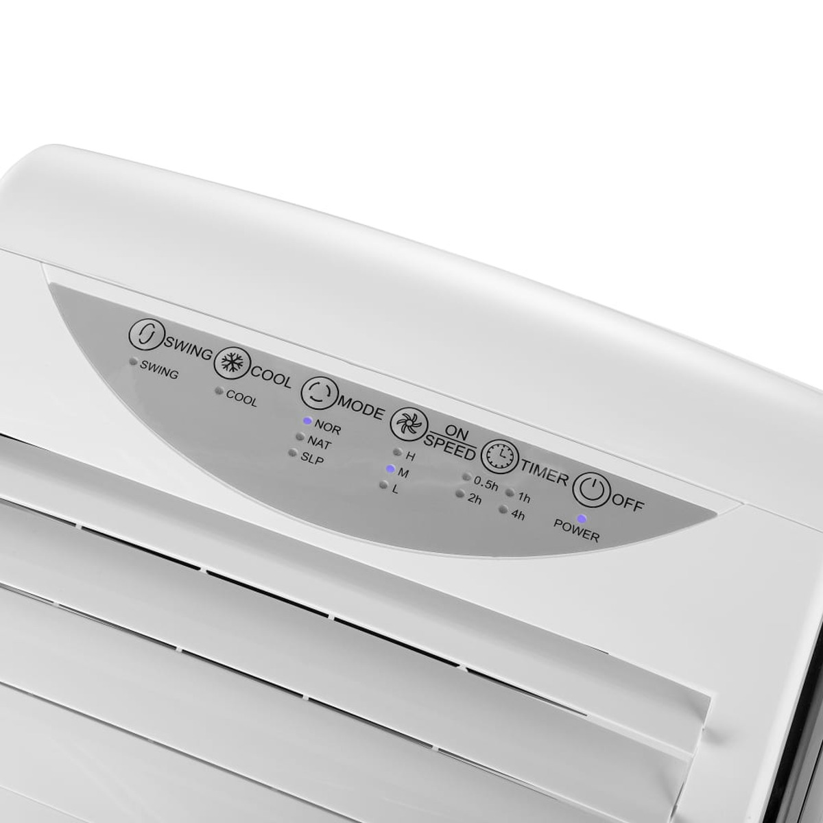 Primo piano del pannello di controllo del condizionatore d'aria bianco, che mostra i pulsanti per swing, cool, mode, speed, timer e power.
