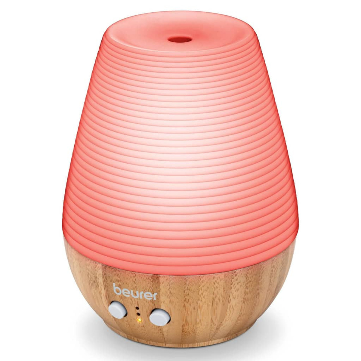 Ein rot beleuchteter Aroma-Diffusor mit Holzsockel und runder Form.