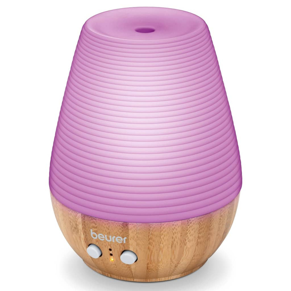 Lilafarbener und holzmaserter Diffusor für ätherische Öle mit Knöpfen.
