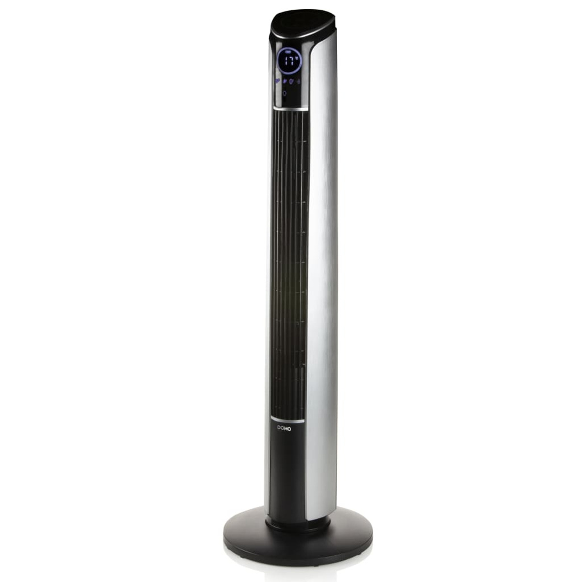 Ein silberner und schwarzer Turmventilator mit digitaler Anzeige auf schwarzer Basis.