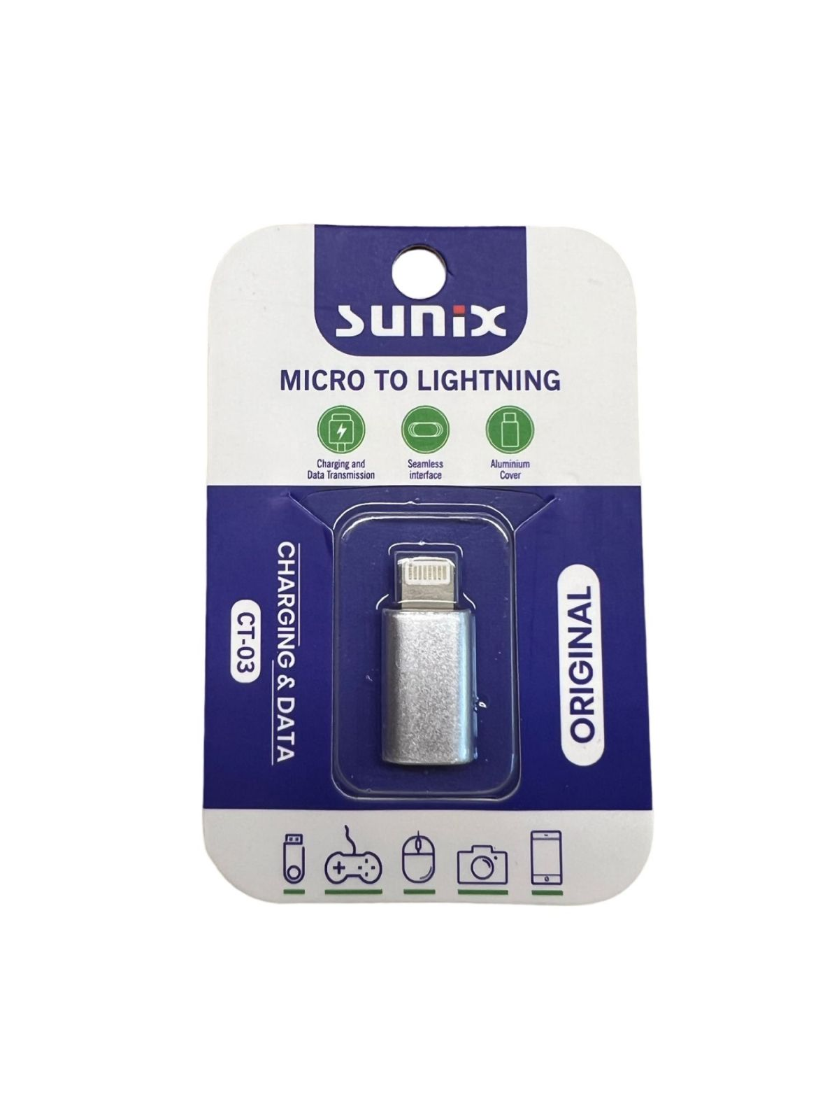 Micro-zu-Lightning-Adapter. Silberner Adapter auf einer blau-weißen Karte. Aufladen & Daten.