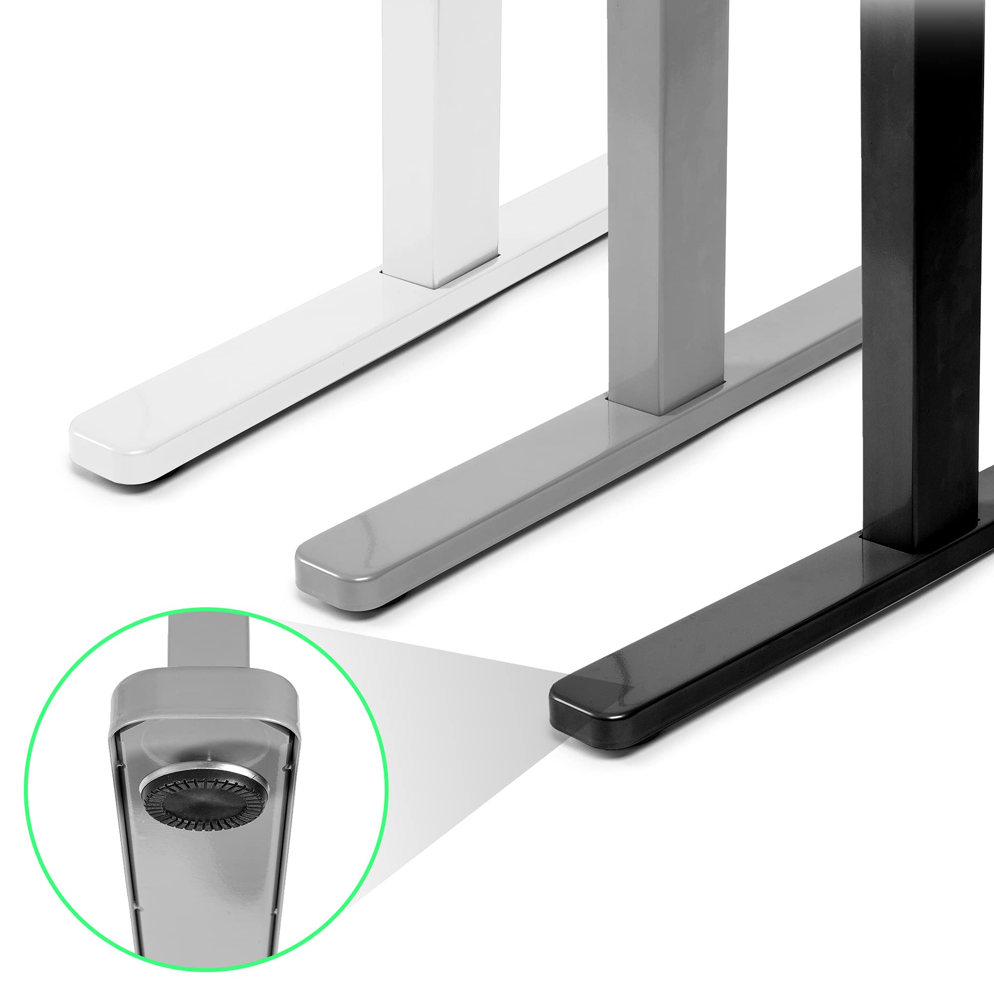 Tres patas de mesa metálicas, blanca, gris y negra. Primer plano muestra detalle de la pata gris.