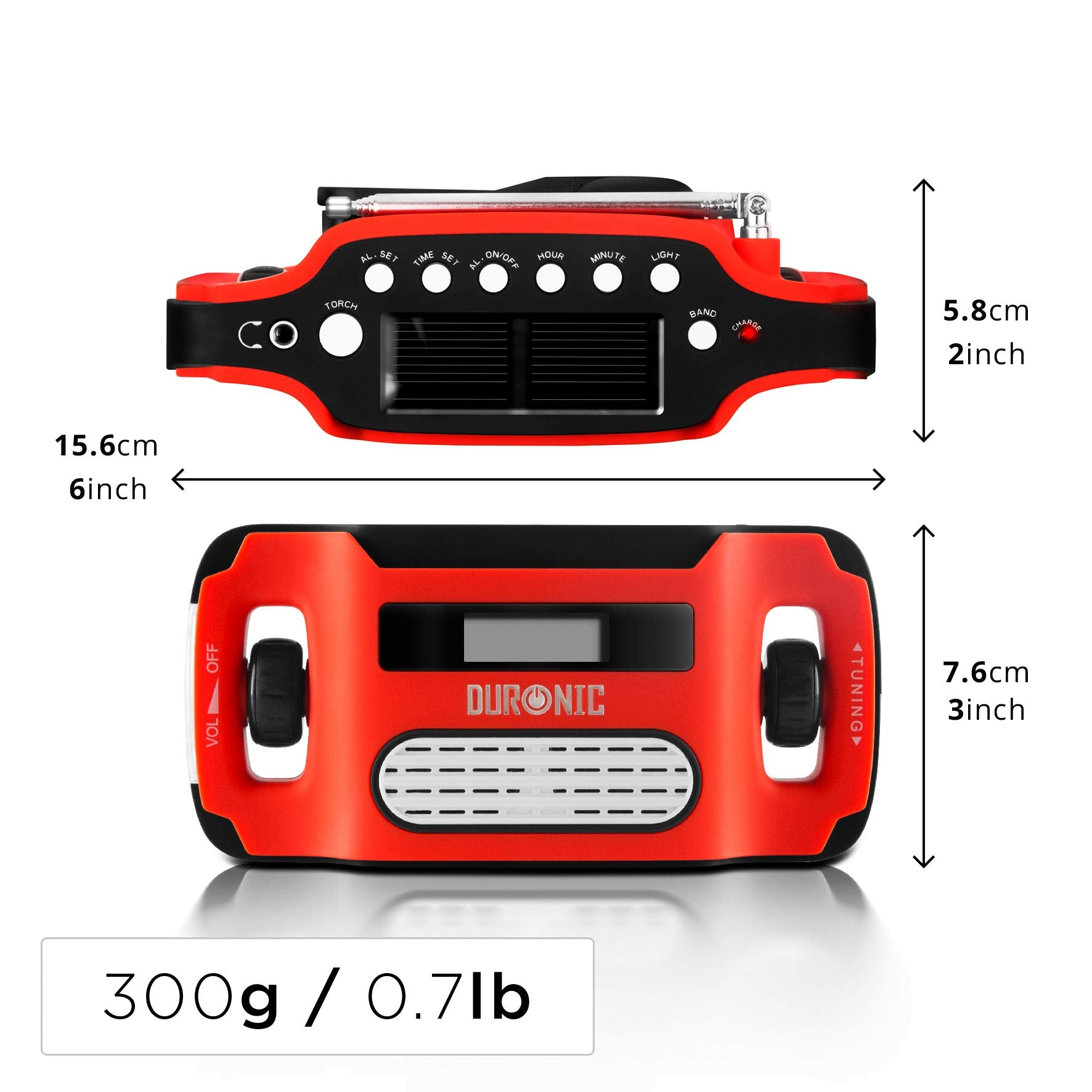 Rotes und schwarzes Solar-Radio. Draufsicht zeigt Knöpfe und Solarpanel. Abmessungen: 15,6cm x 5,8cm x 7,6cm.