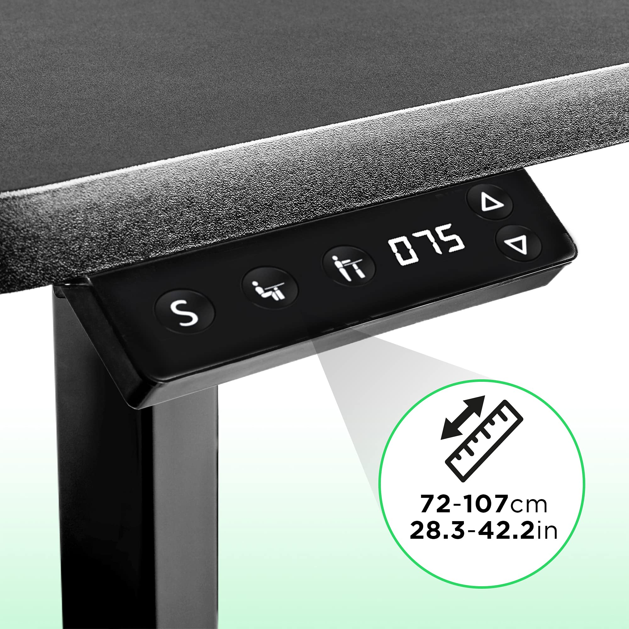 Escritorio negro con panel de control, mide 72-107cm/28.3-42.2in. El escritorio está sobre un marco negro.