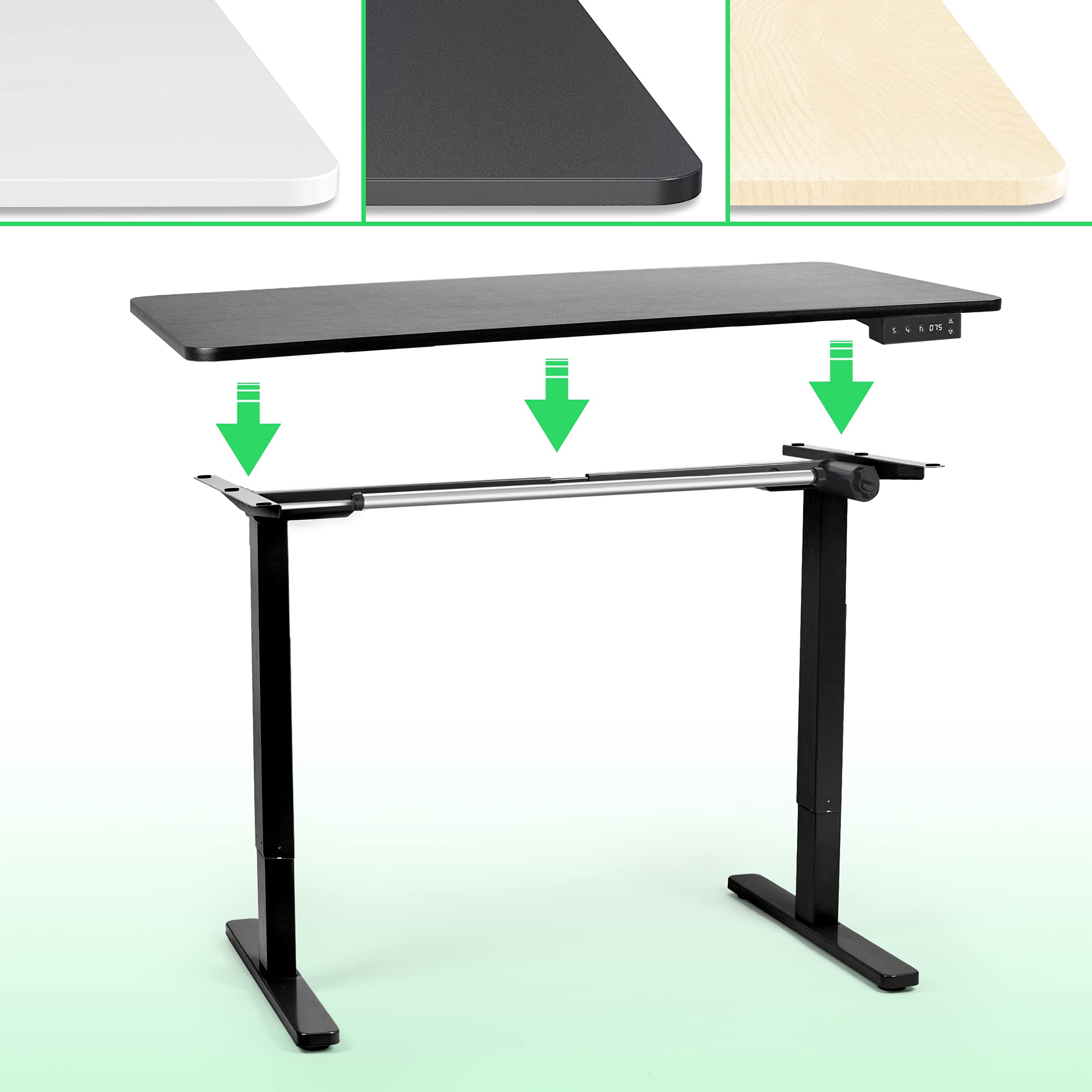 Un escritorio negro y tres muestras de diferentes colores de la superficie del escritorio. Las flechas indican dónde colocar la superficie.