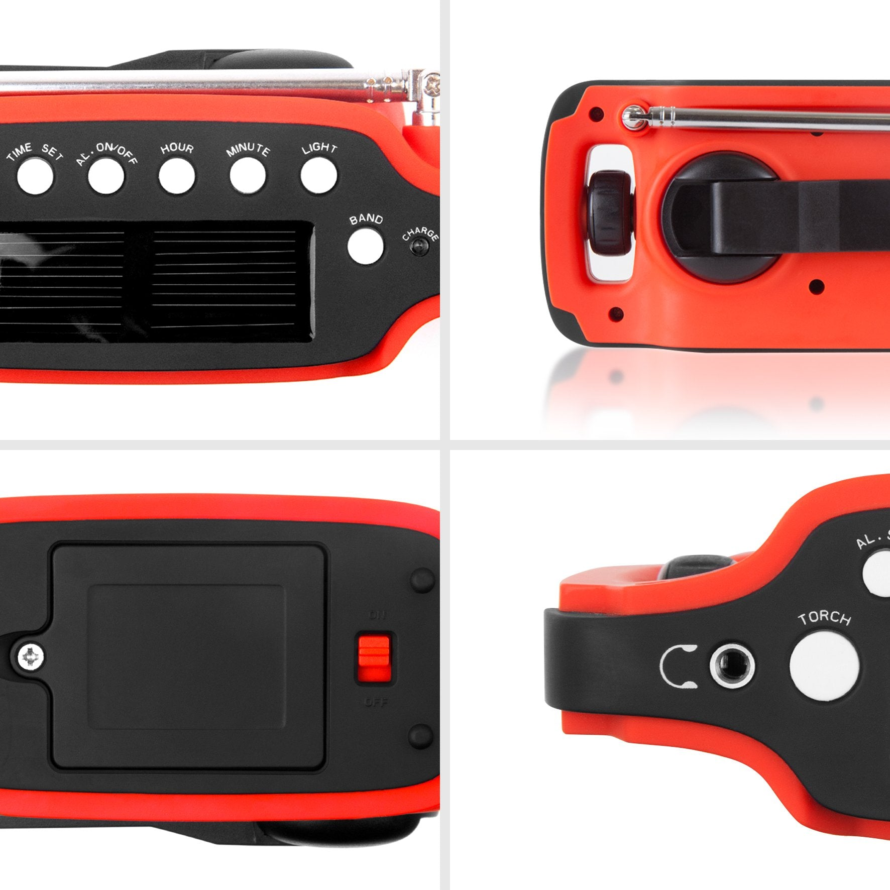 Ein rotes und schwarzes tragbares Radio. Es hat Knöpfe und ein Solarpanel.
