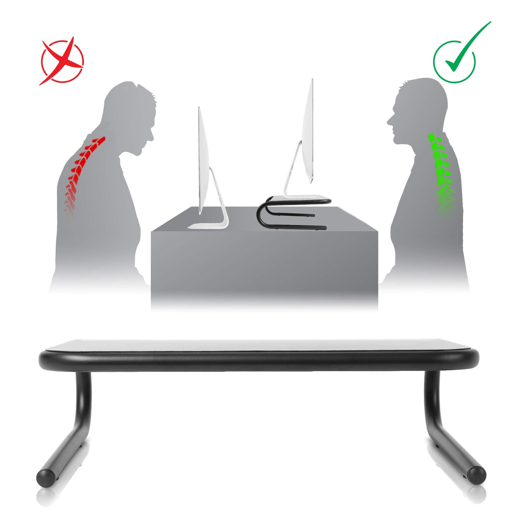 Diagramm, das schlechte und gute Körperhaltung am Schreibtisch zeigt, mit Schreibtisch in der Mitte.