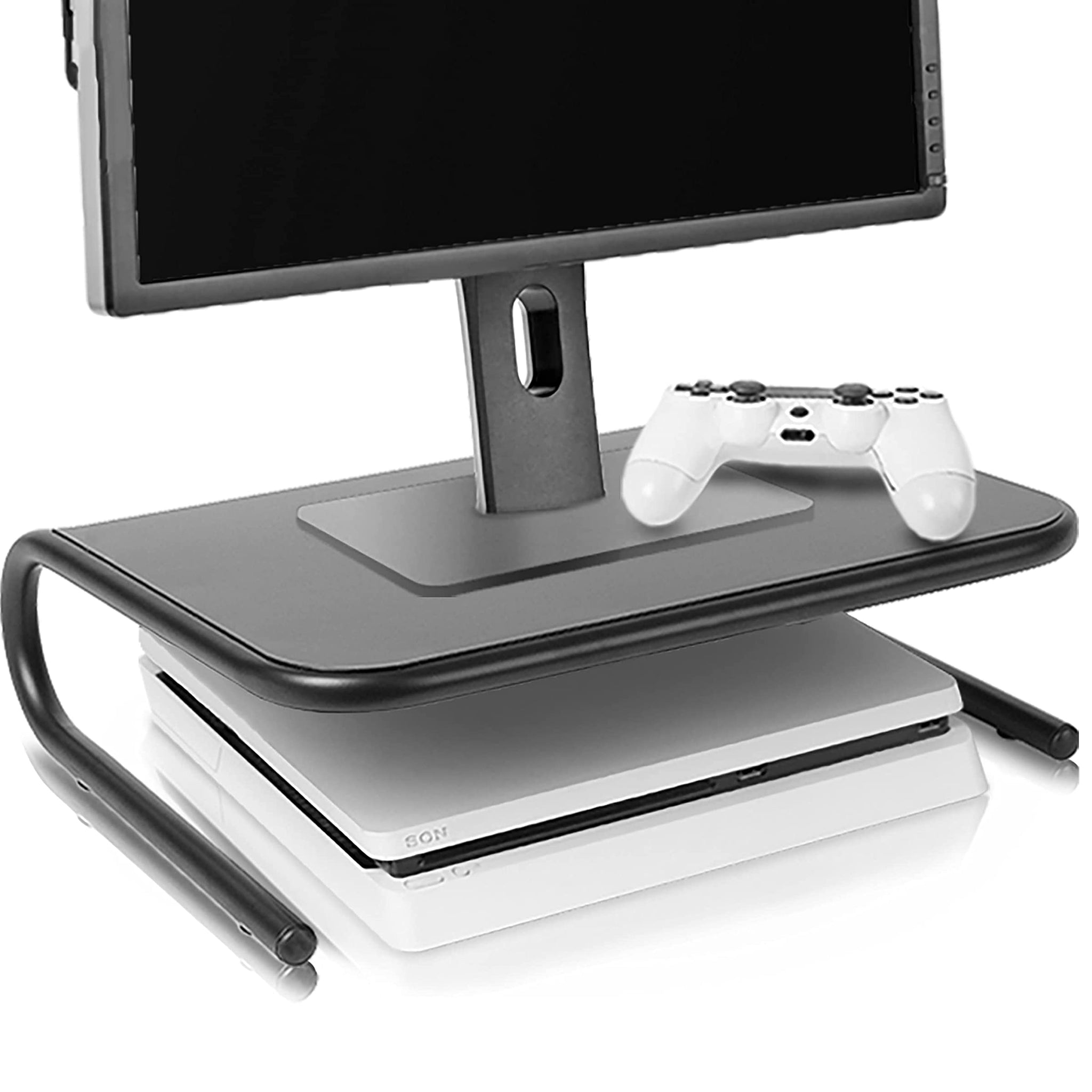 Ein Monitor sitzt auf einem Ständer, der eine Spielkonsole und einen weißen Controller hält.