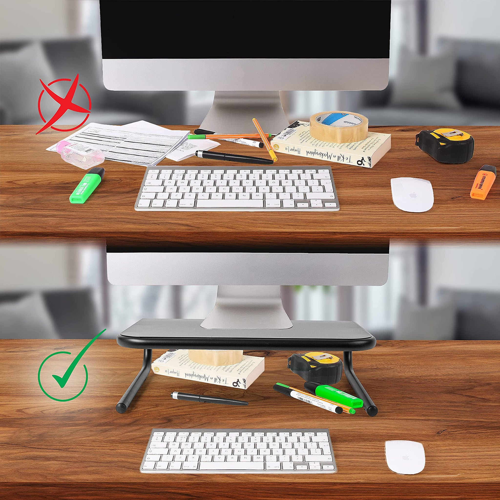 Schreibtisch-Setup-Vergleich: unordentlich vs. organisiert. Oben: unordentlicher Schreibtisch. Unten: organisierter Schreibtisch.