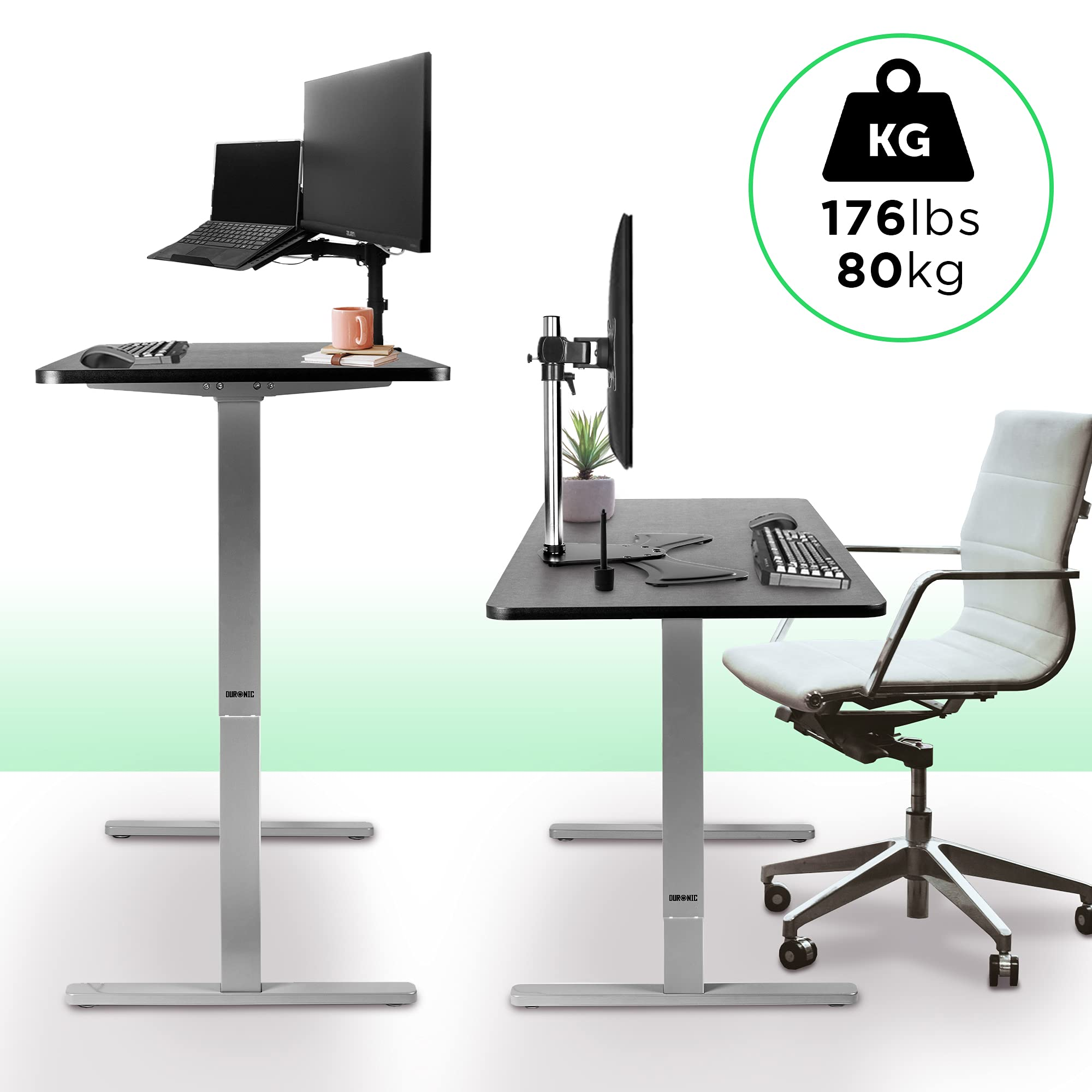 Escritorios de pie con monitores y portátiles, uno con silla. El texto muestra el peso en kg y lbs.