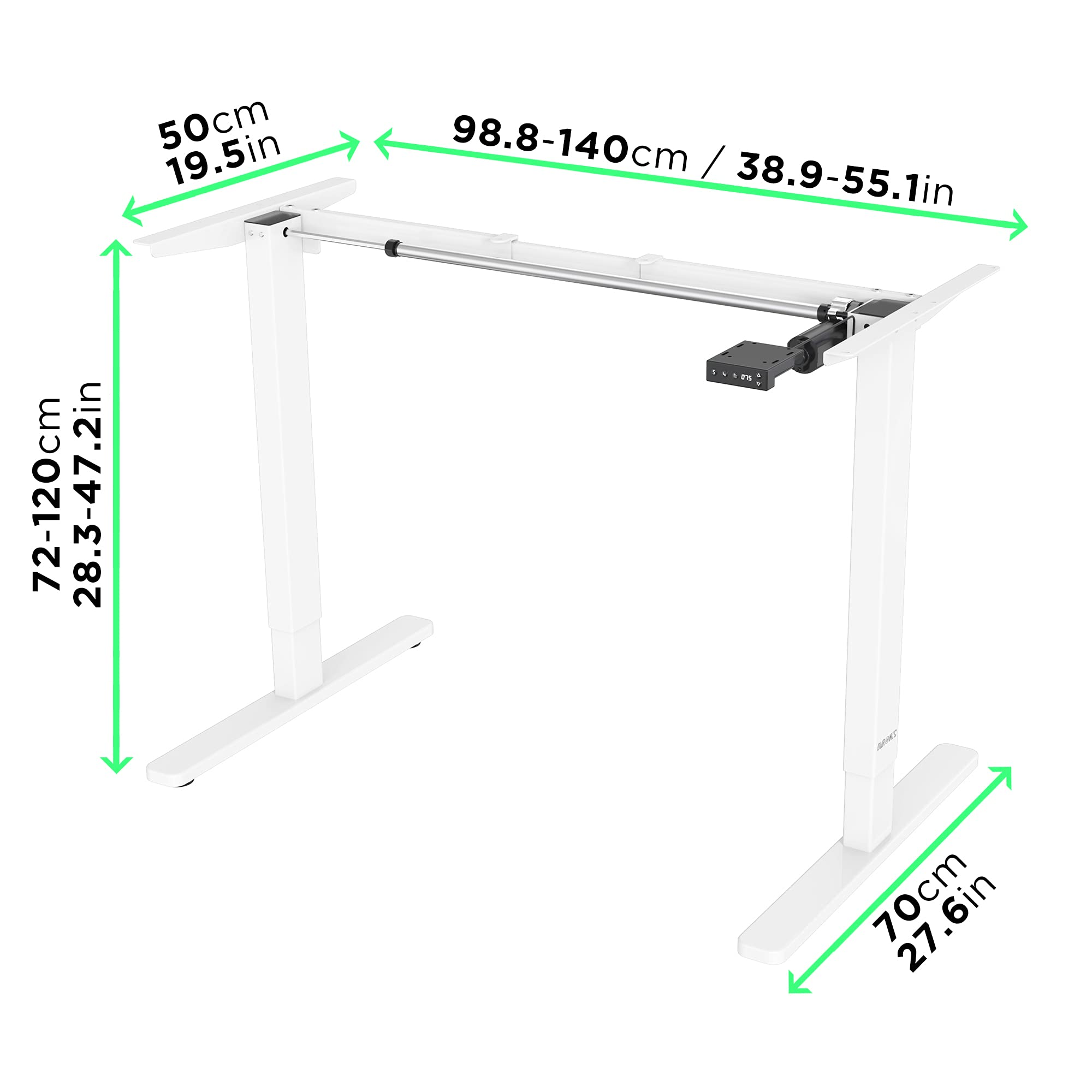 Escritorio de pie ajustable blanco. Dimensiones marcadas. El escritorio tiene dos patas y un panel de control.