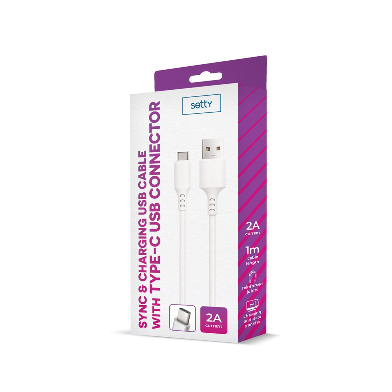 Weißes USB-Kabel in Verpackung. Text auf der Box. Weißer Hintergrund. Produkt ist Kabel und Stecker.