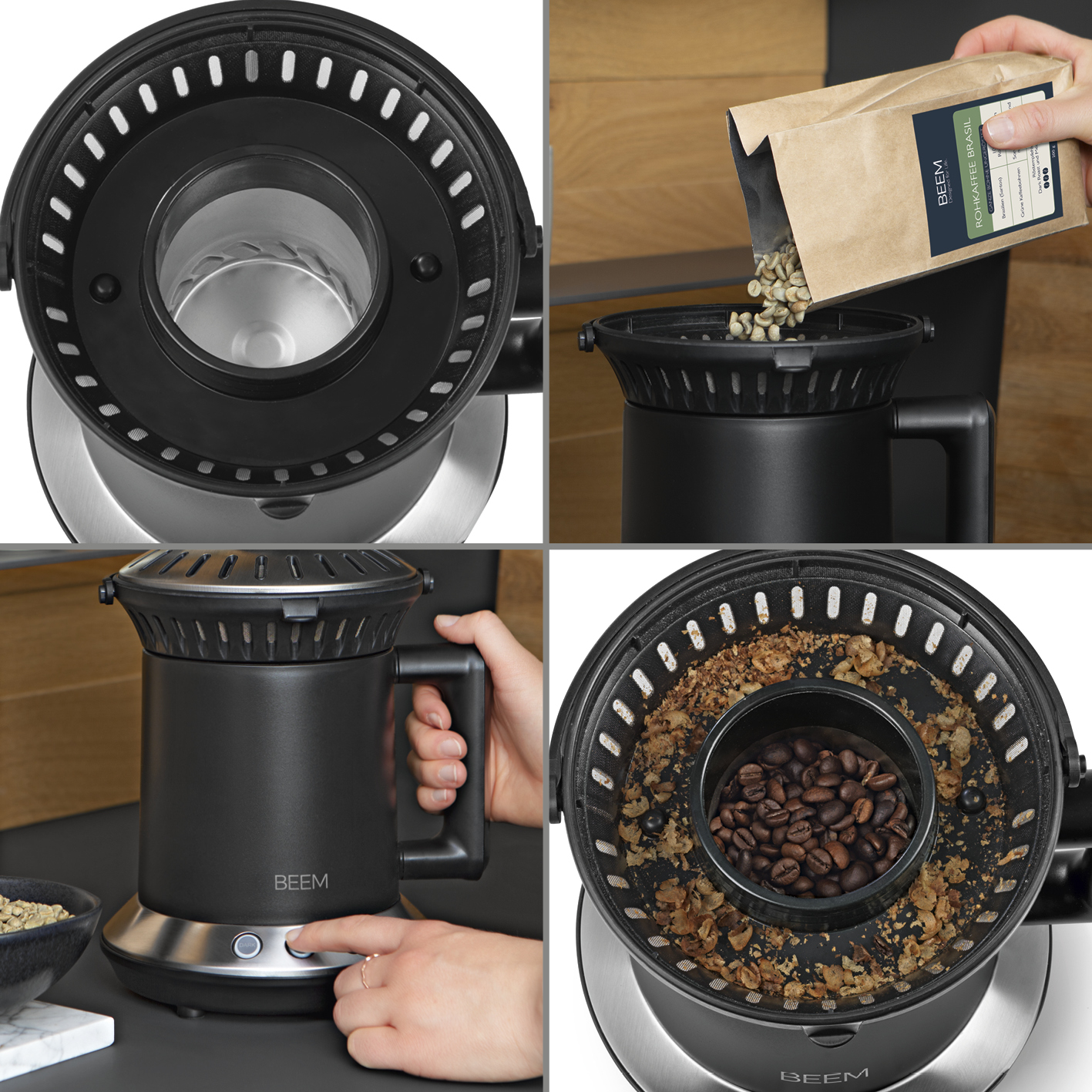 Vier Bilder, die den Kaffeebohnenröstungsprozess in einer schwarzen BEEM-Kaffeeröstmaschine zeigen.