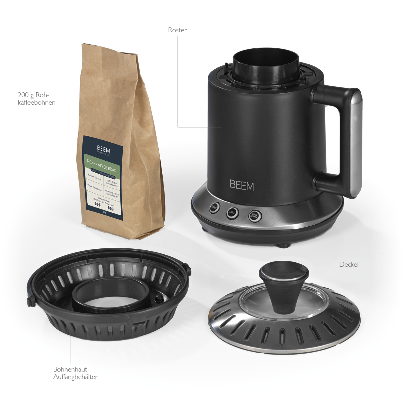 Kaffeemaschinenkomponenten: Röster, Bohnenbehälter, Deckel und eine Tüte Kaffeebohnen.