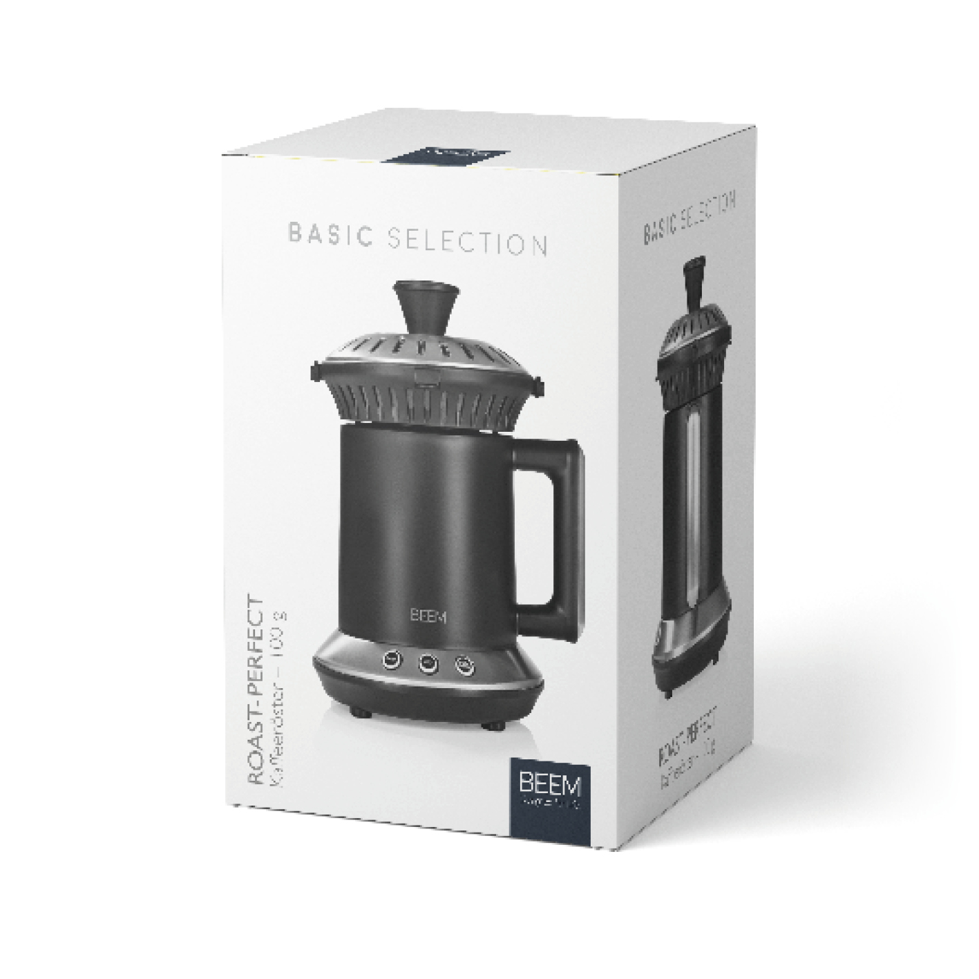 Karton mit einem schwarzen Gerät. Text auf der Schachtel: Basic Selection, Roast-Perfect und Marke BEEM.